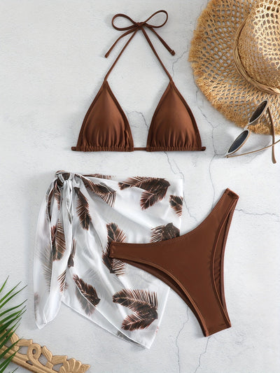 Feather Luxe 3-Piece Bikini Set – Exotic Feather Print Halter Neck Backless Swimsuit with High Cut Tie Back Bottoms and Wrap Cover-Up – Women’s High-Stretch Comfortable Swimwear for Summer Beach & Pool Vacations