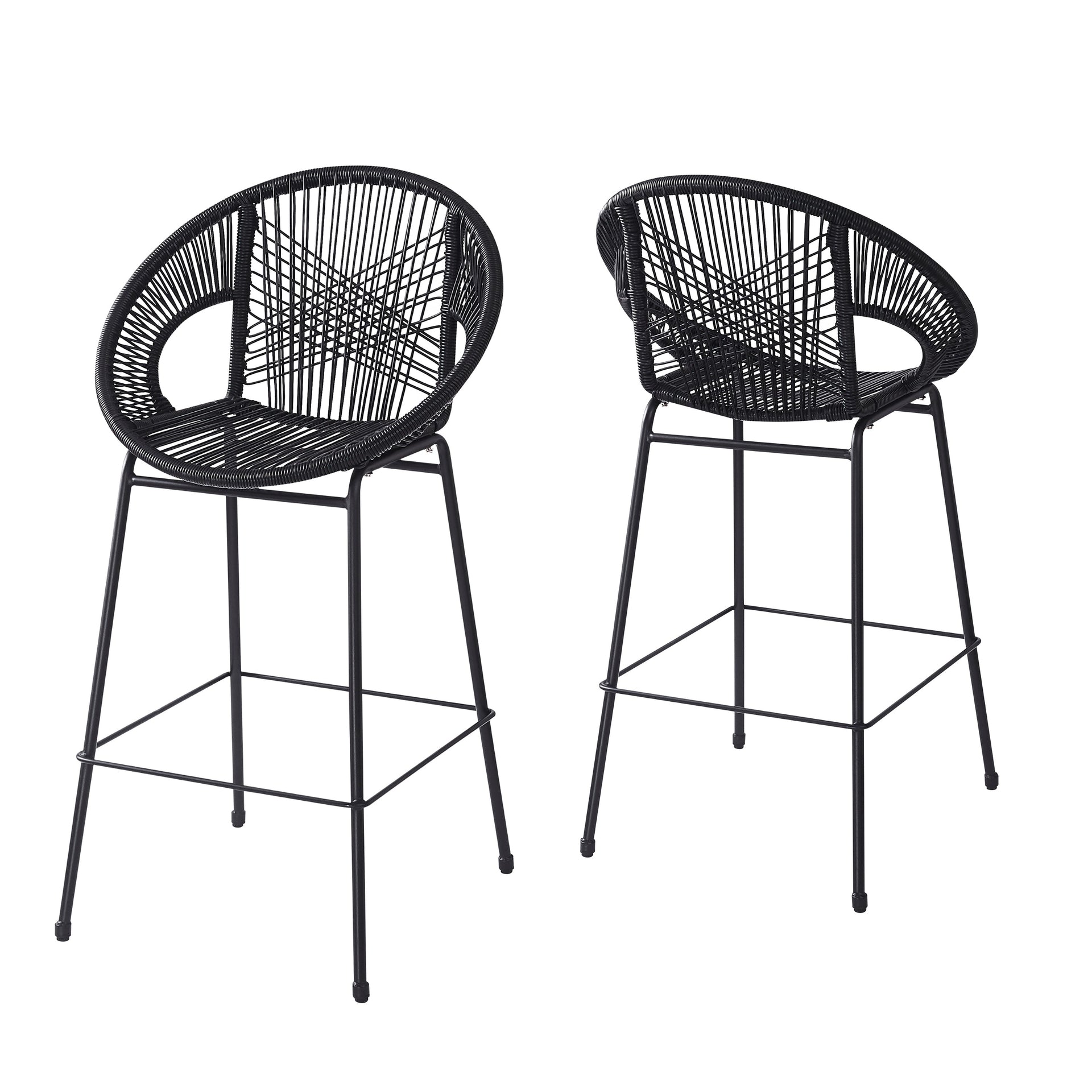 Ferrara Outdoor Patio Barstool Set of 2, Black Faux Wicker PE Rattan with Iron Frame