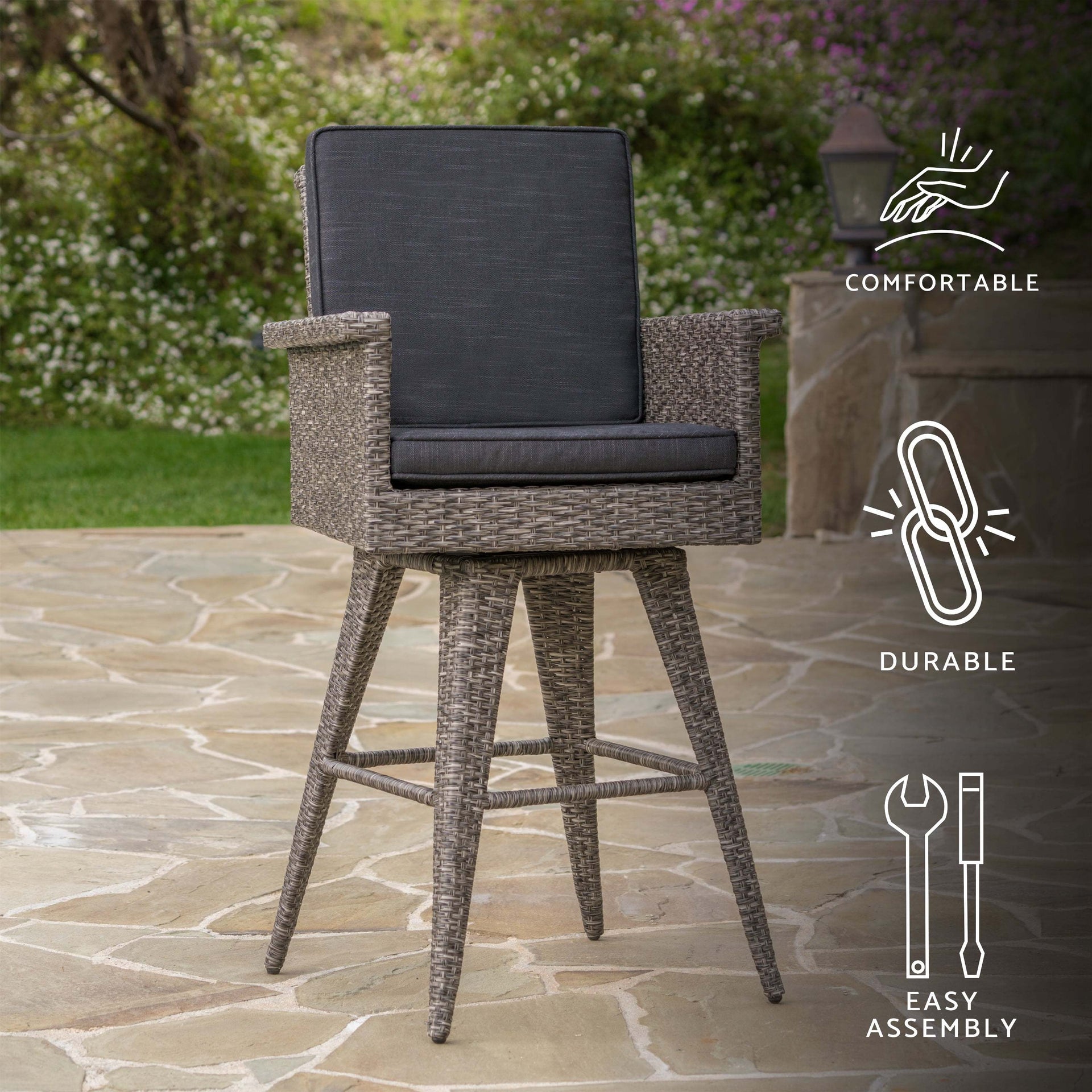 30' Outdoor PE Rattan Swivel Barstool with Water Resistant Cushion, Mixed Black Wicker, Dark Grey Cushion