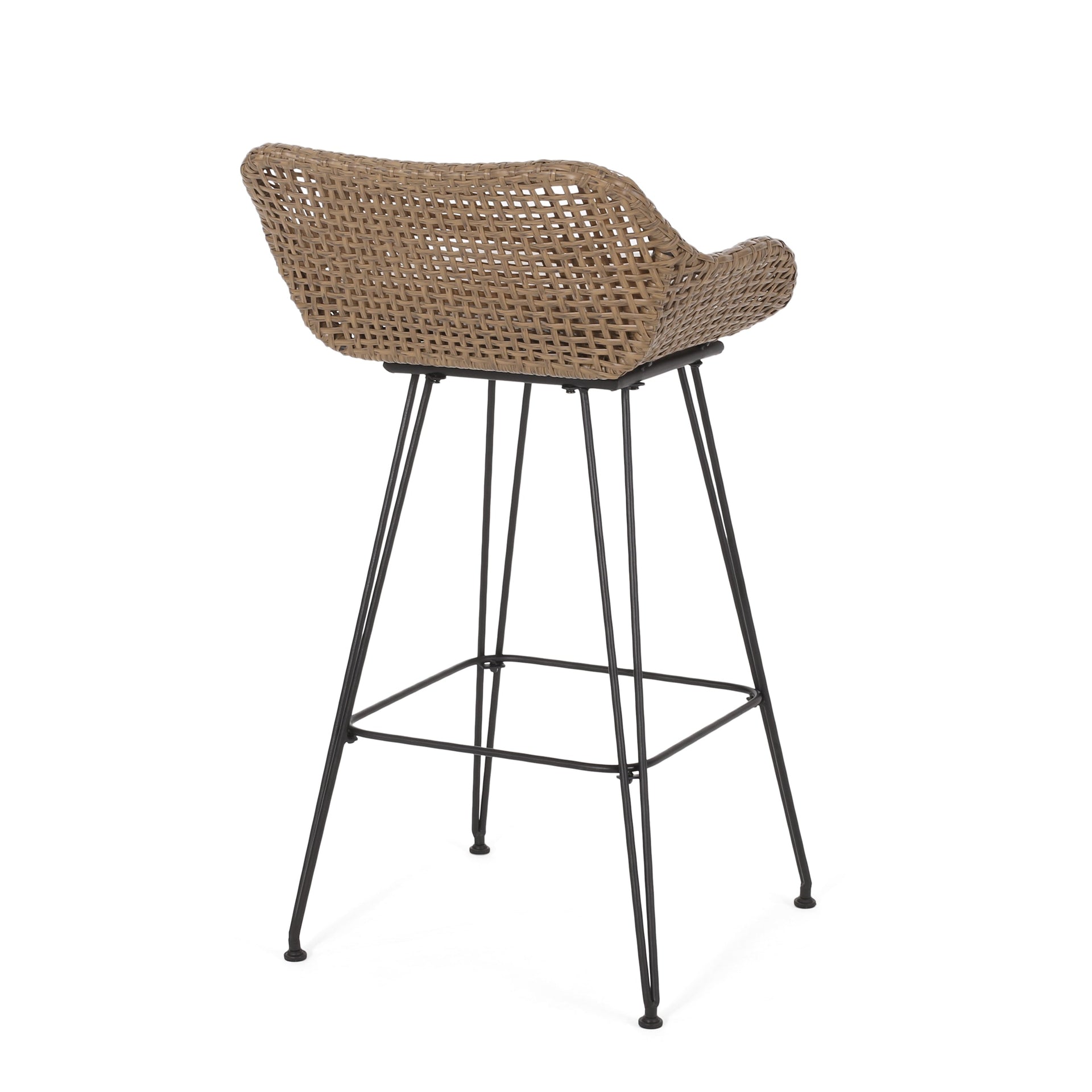 29.25' Outdoor Wicker and Iron Low Back Barstools, Light Brown, with Beige Cushion (Set of 2)