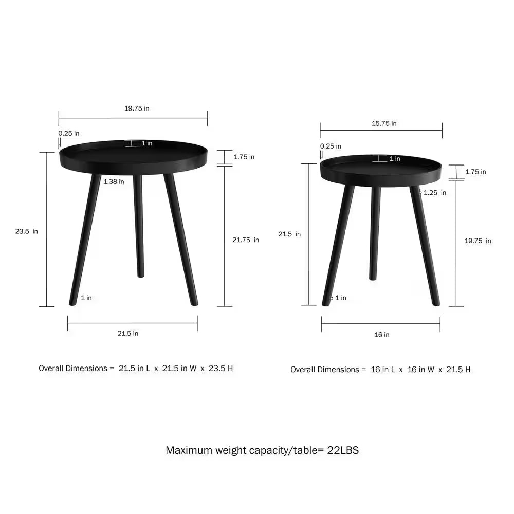 Wooden Nesting round Tray Top Matte Black Side Tables (Set of 2)