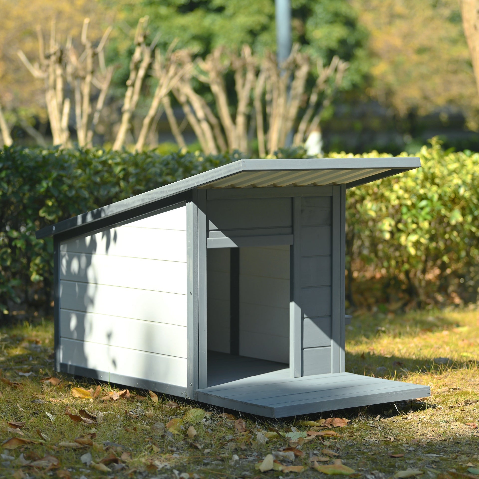 Modern Design Outdoor Dog House with Food Bowl and Wheels, Grey Pine, 44.1 x 22.1 x 28.8 inches