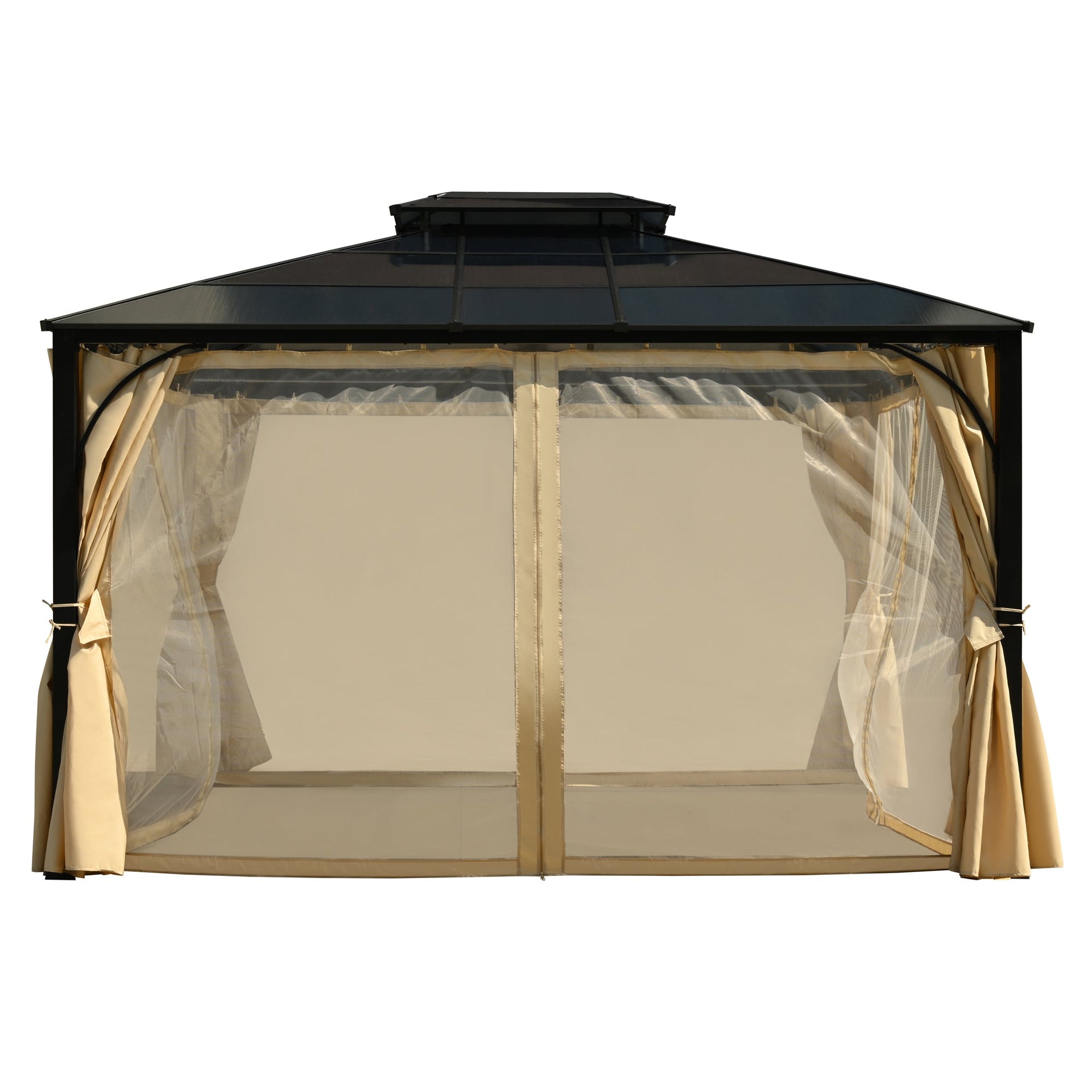 TREXM 10'x12' Hardtop Outdoor Gazebo, Heavy Duty Double Roof Patio Gazebo with Aluminum Frame, Double-Layer Side Walls Mosquito Netting & Privacy Curtains for Patio, Garden, Backyard (Beige)