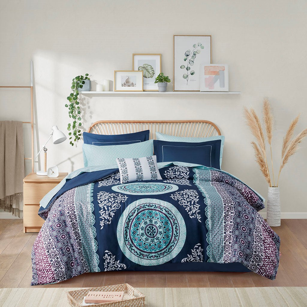 Loretta Boho Comforter Set with Bed Sheets in Navy by Intelligent Design