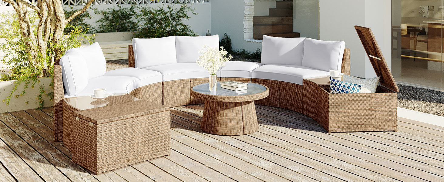 10-Piece Outdoor Sectional Half Round Patio Rattan Sofa Set, PE Wicker Conversation Furniture Set for Free Combination, White