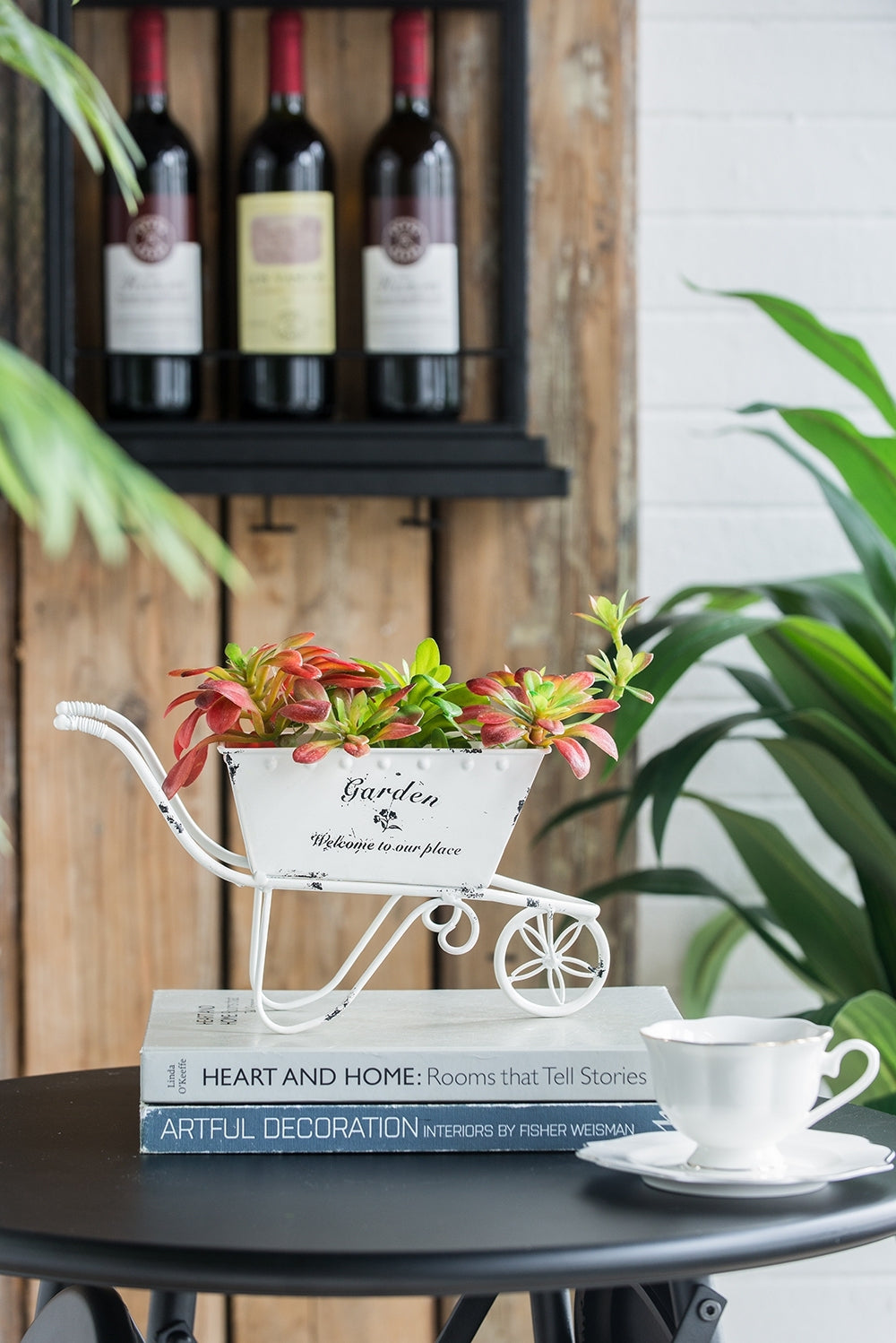 11.5x4x7' White Metal Decorative Disressed Wheelbarrow Planter, Tabletop Decor