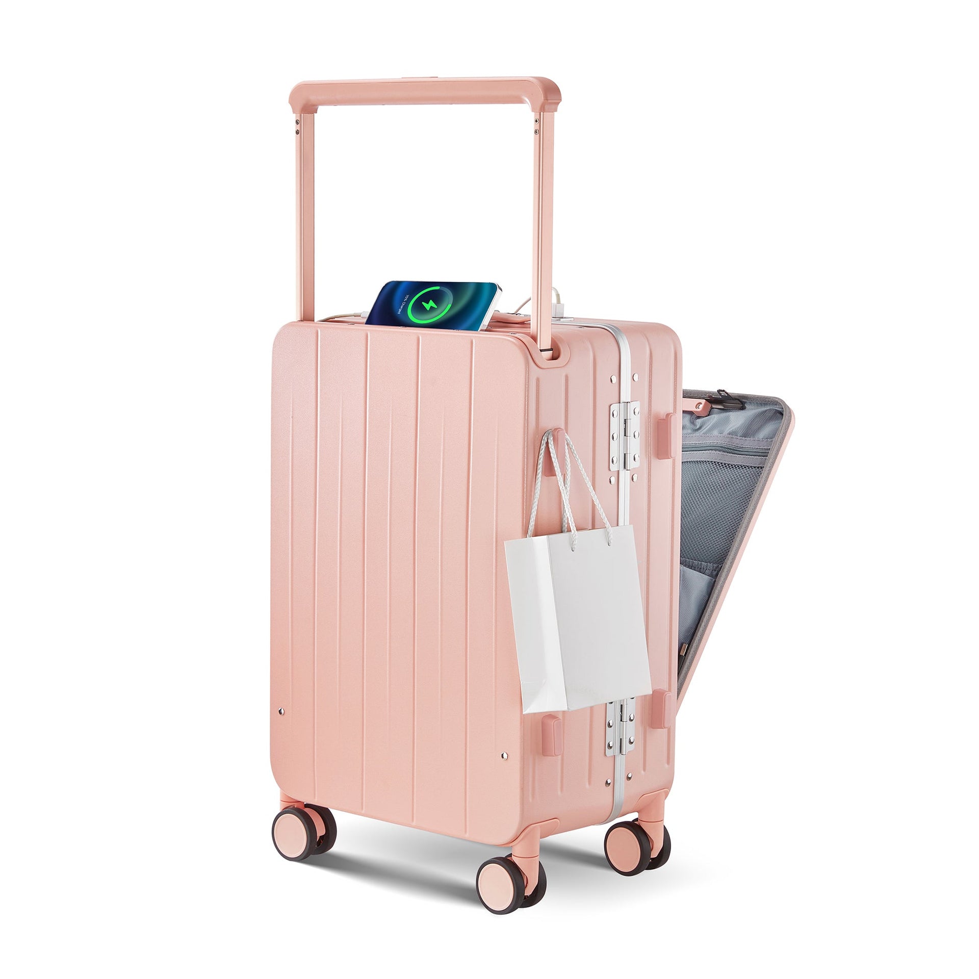 Aluminum Frame 20 Inch with Front Open Carry-on Luggage, PC Hard Shell Suitcase, Bounce Wide Handle Pull Rod Luggage with 360°Double Wheels, Built-In TSA Lock, Airline Approved Suitcase for Business