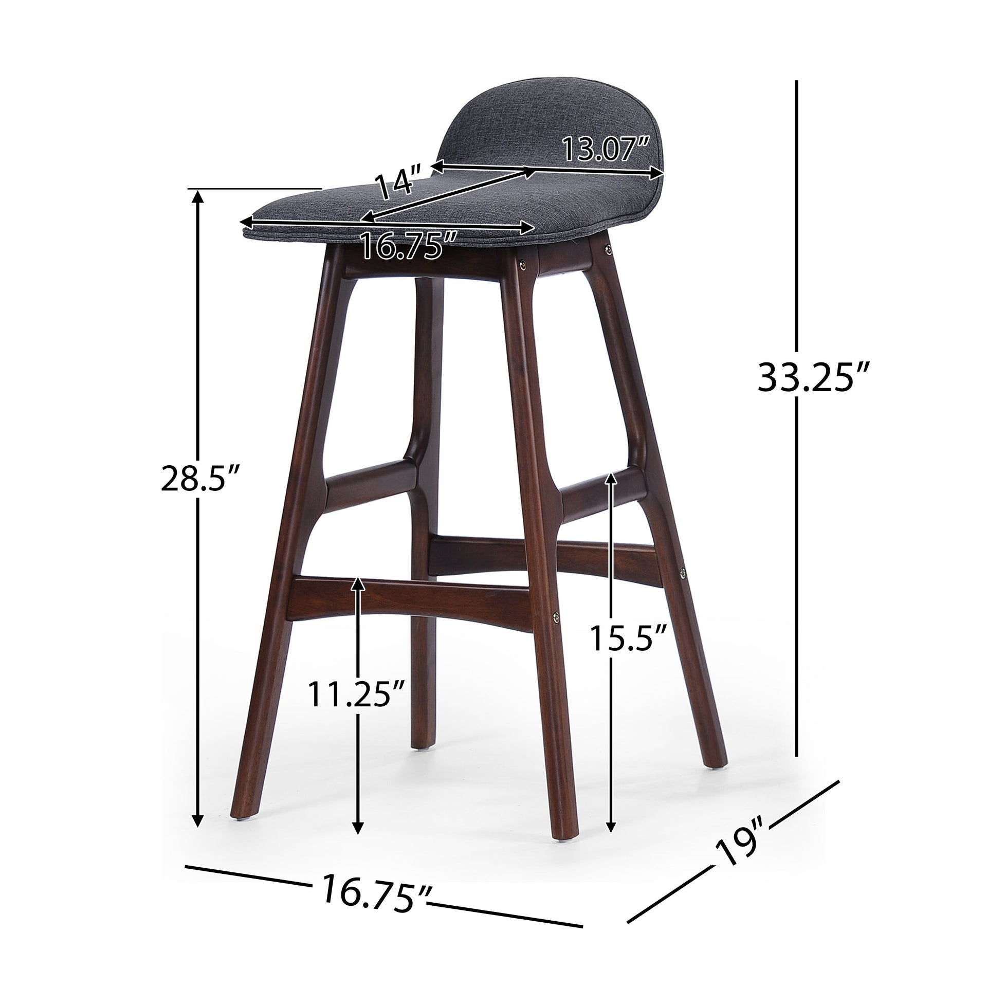 28.5' Mid-Century Modern Upholstered Low Back Barstools (Set of 2), Charcoal, Walnut Finish