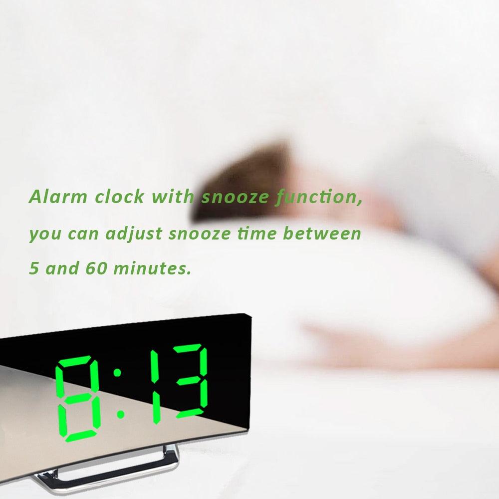Digital Alarm Clock Desk Table Clock 3 Alarm Sounds Adjustable Volume Easy Digital Alarm Clock for Kids and Adults Compact Desk & Shelf Clocks for Bedroom Curved LED Screen Alarm Clocks For Kid Bedroom Temperature Snooze Function Home Decor Watch