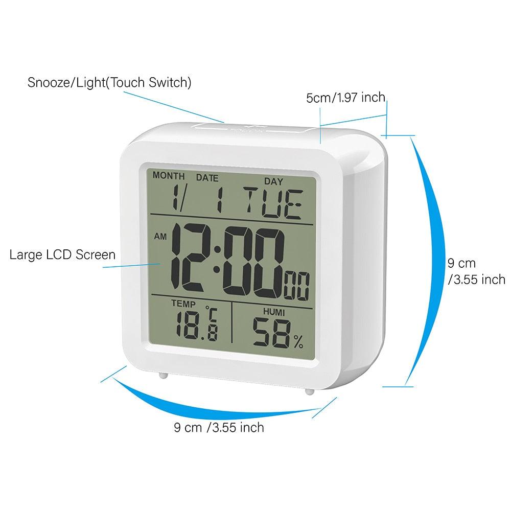 Digital Desktop LCD Snooze Calendar Alarm clock Digital Desktop Clock Electronic Digital Alarm Clocks for Bedroom Home Decor LCD Screen with Time/Calendar/Temperature Display White Bedroom Watch with Thermometer & Hygrometer for Home Battery Operated