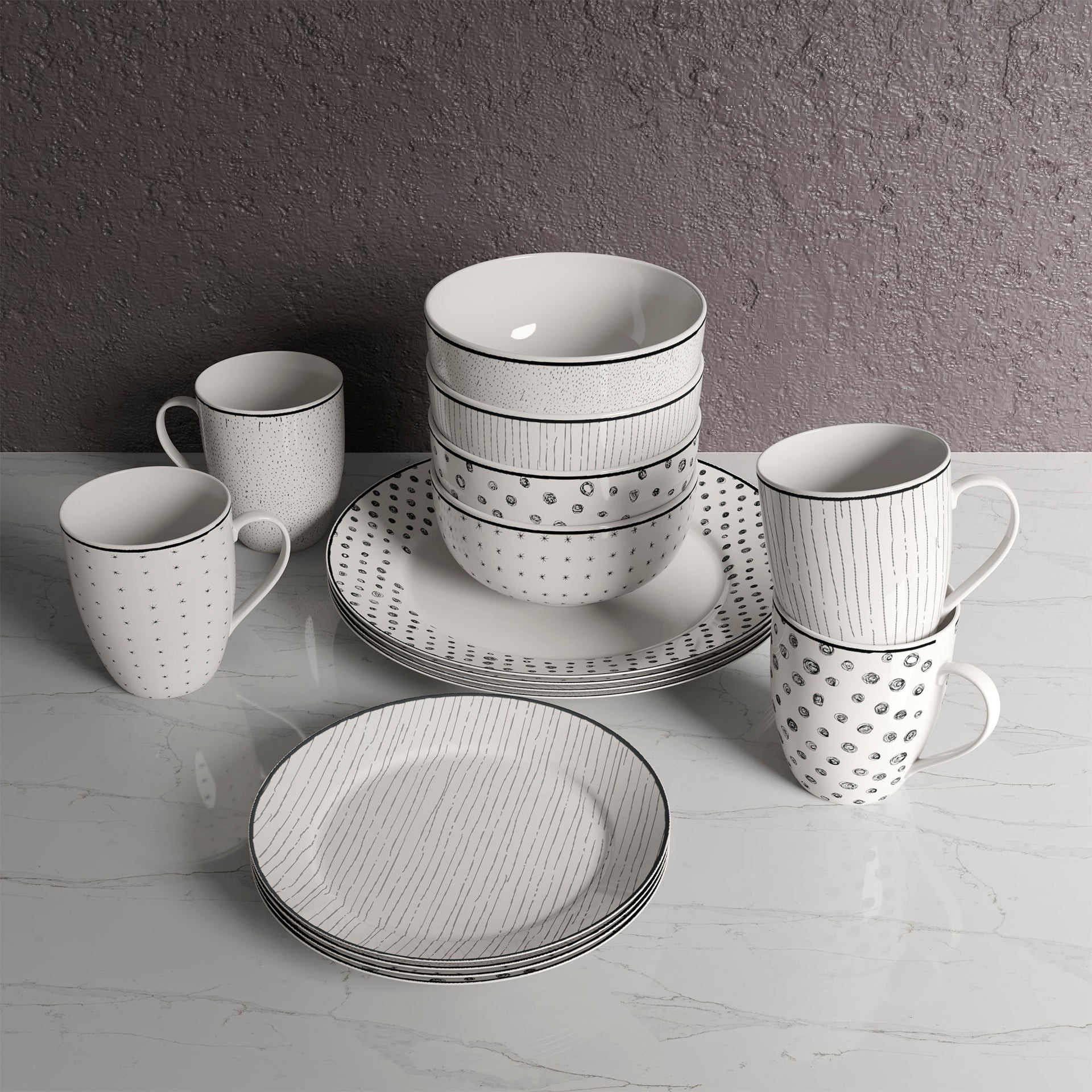 Dinnerware Set 12 Piece Black and White, Service for 4