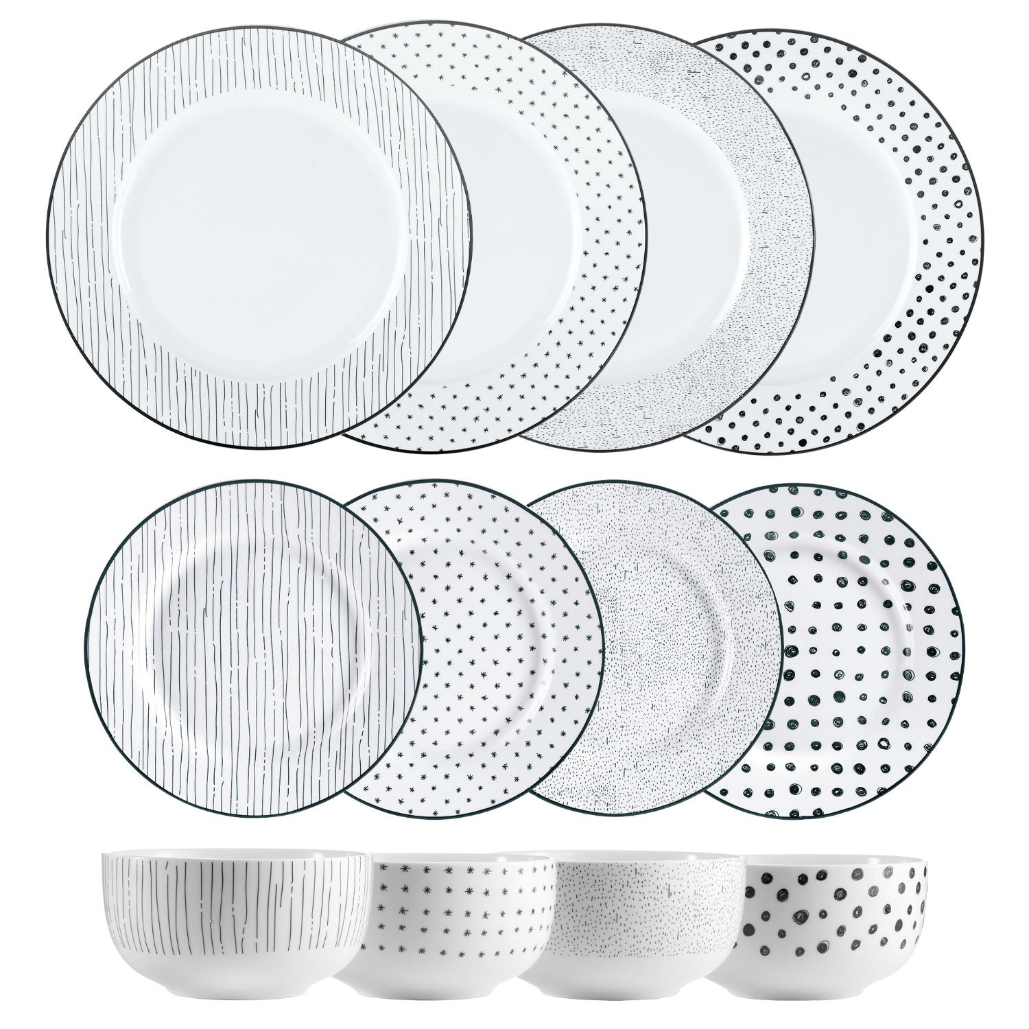 Dinnerware Set 12 Piece Black and White, Service for 4