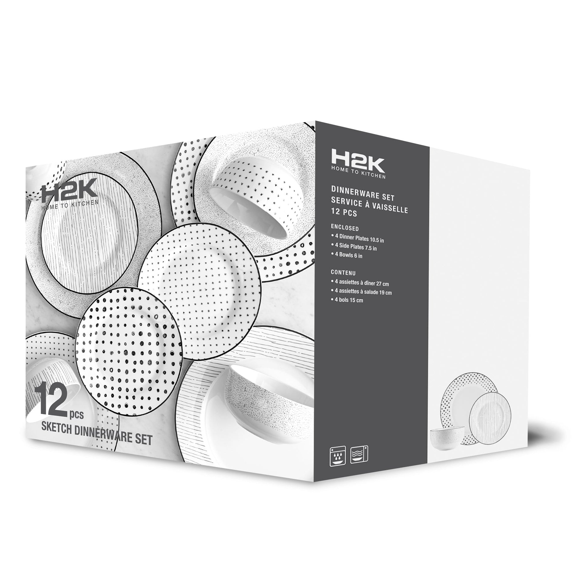 Dinnerware Set 12 Piece Black and White, Service for 4