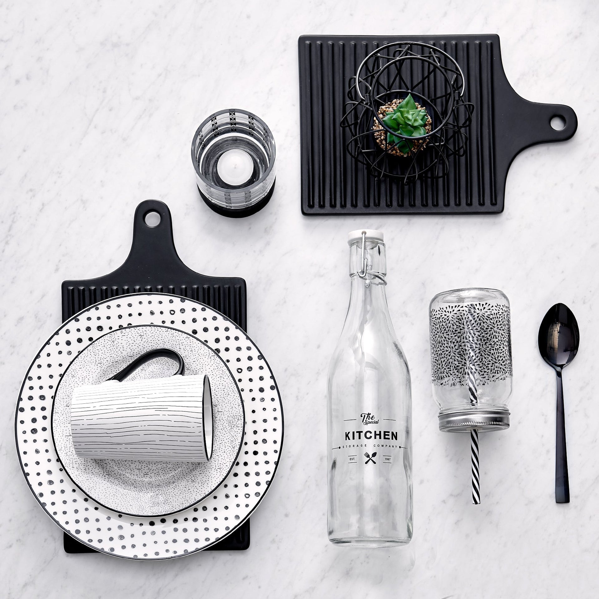 Dinnerware Set 12 Piece Black and White, Service for 4