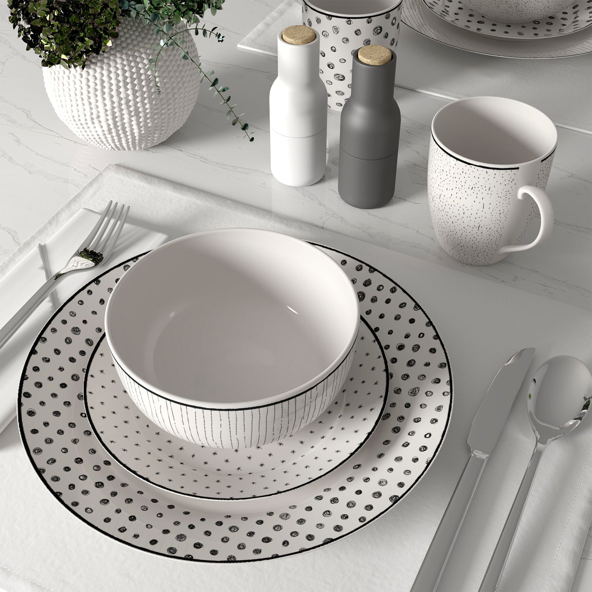 Dinnerware Set 12 Piece Black and White, Service for 4