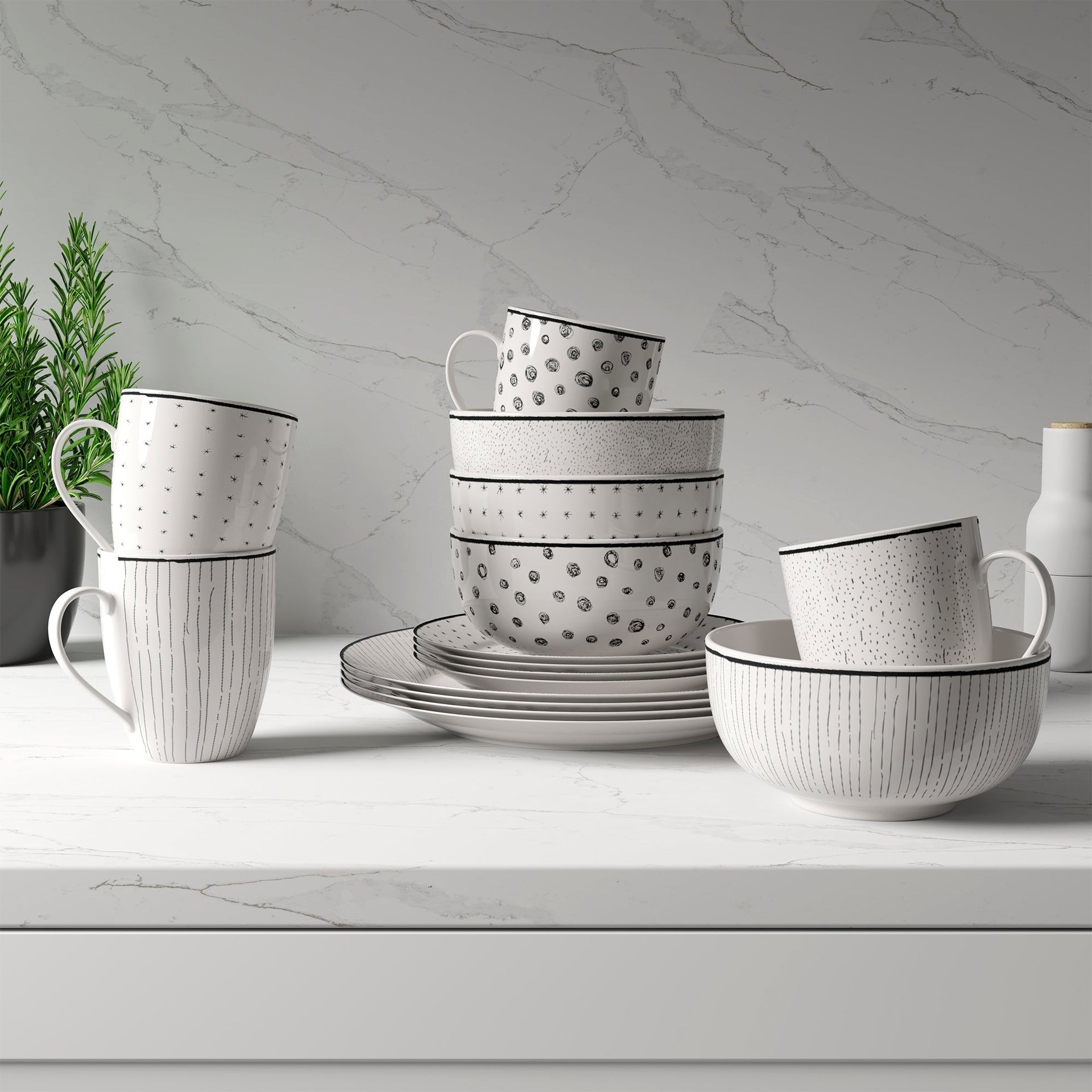 Dinnerware Set 12 Piece Black and White, Service for 4
