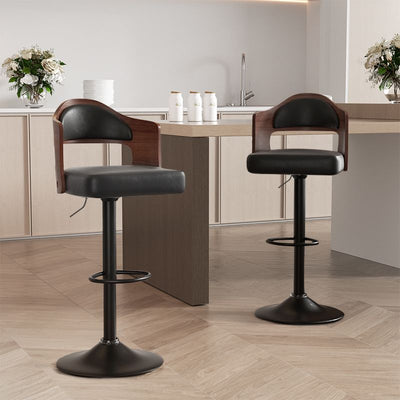 Set of 2 Wooden Barstools PU Leather Upholstered Bar Chairs