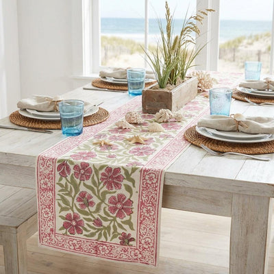 Dusty Rose & Sage Green Floral Hand Block Printed Table 13 Pieces Linen Set