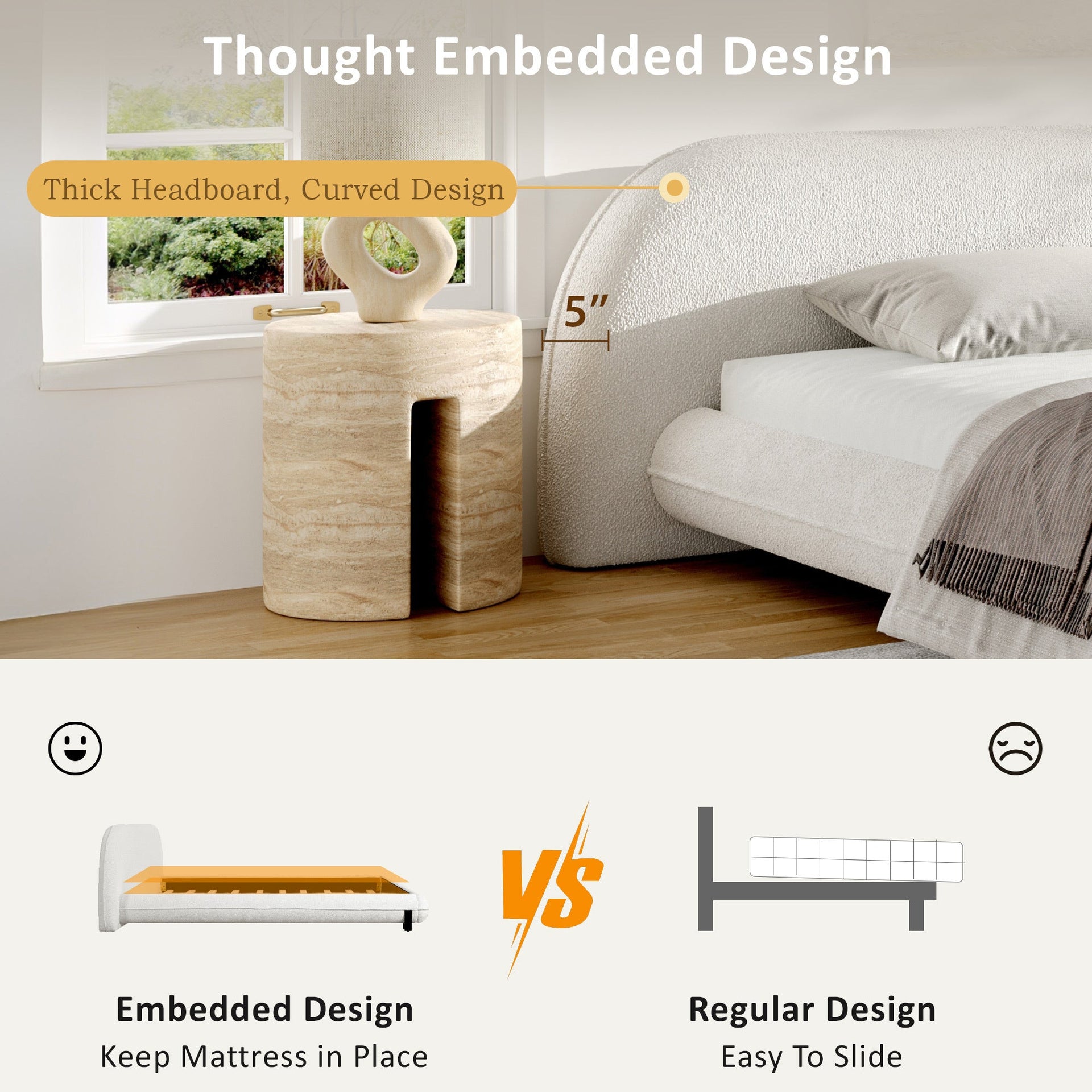 King Size Bed Frame with Boucle Fabric, Upholstered Platform Bed with Curve-Shaped Design & Thick Headboard, White