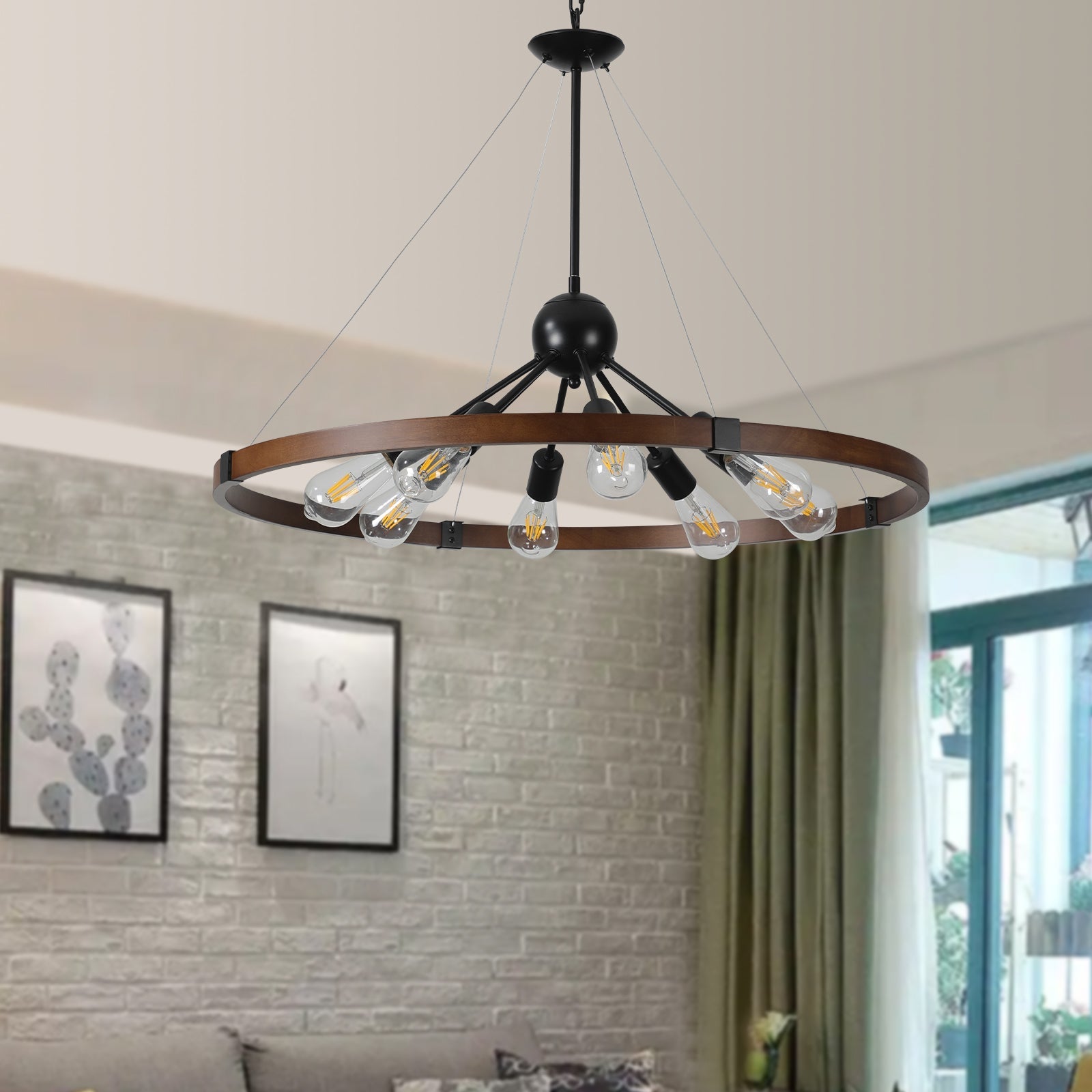 (Same as W1340111208/L1012) 8-Light Retro Farmhouse Chandelier For Kitchen, Living room, Dining room Red and Walnut(No Bulbs)