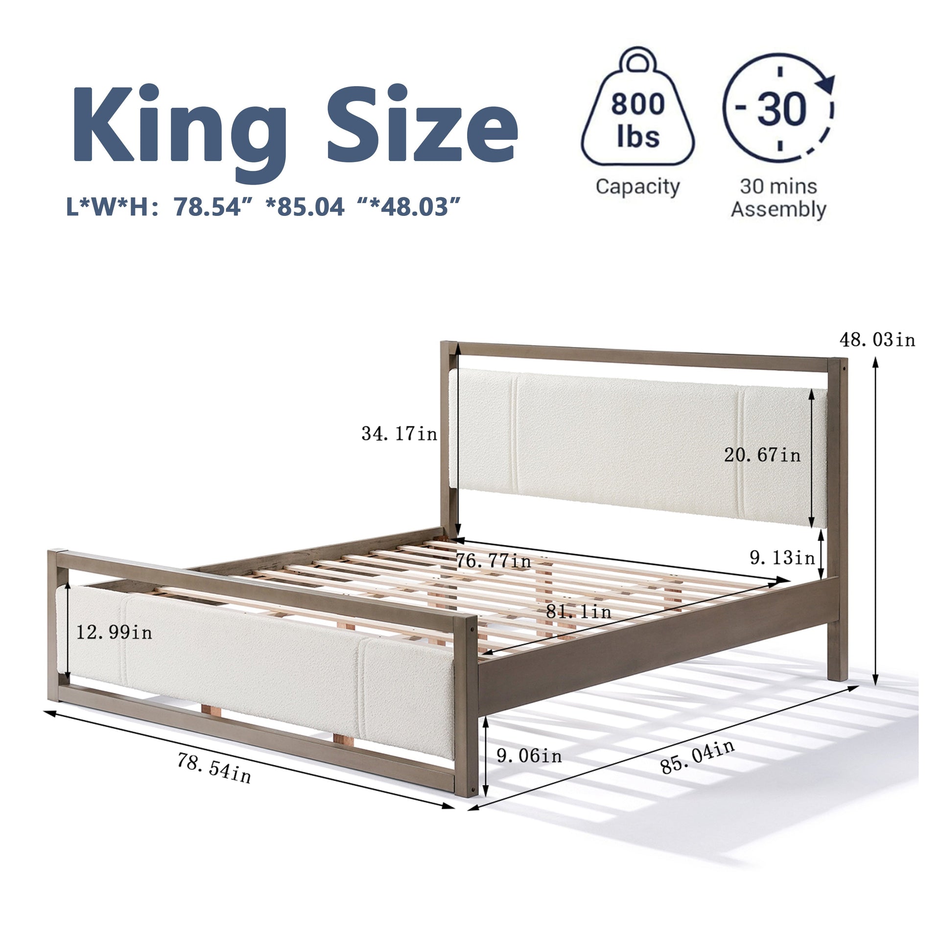 King Bed with Ivory Boucle fabric Headboard, Wood Frame