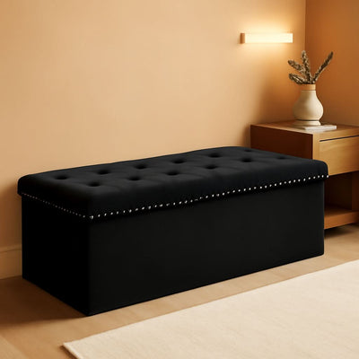 Black Premium Velvet Storage Ottoman Bench Bedroom