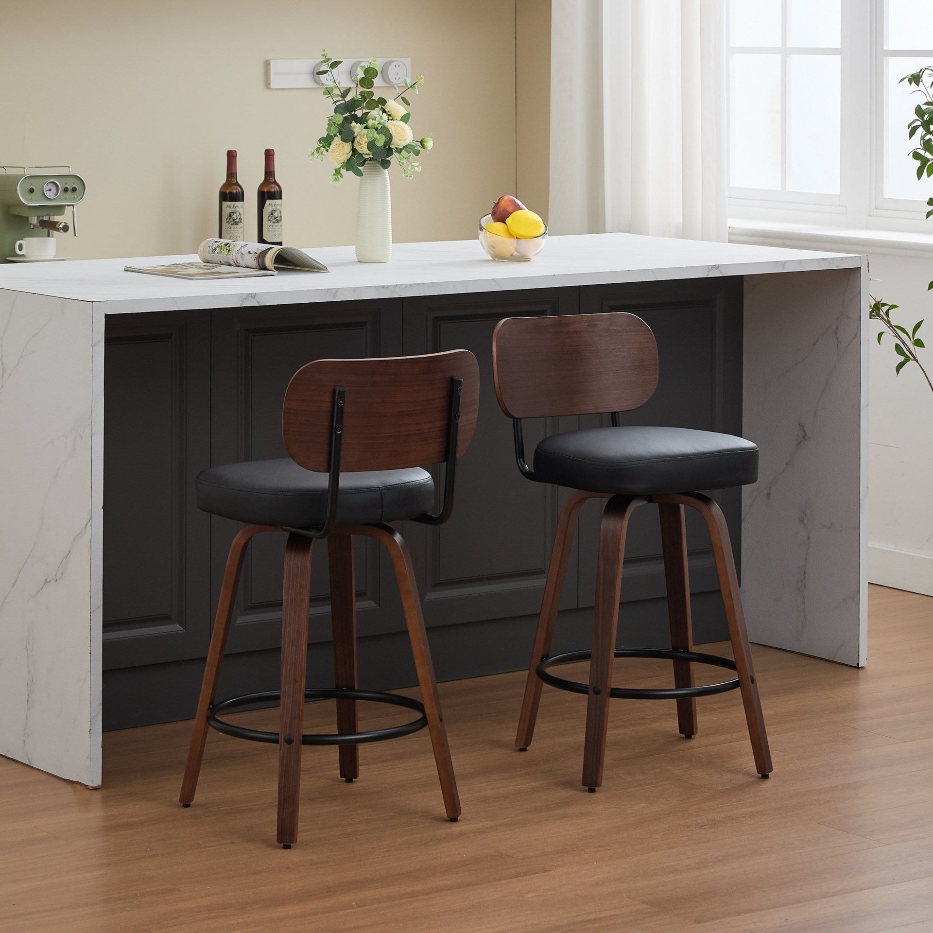Swivel Bar Stools Set of 2, 26' Upholstered Faux Leather Counter Height Barstools with Walnut Back & Bentwood Legs, Mid Century Modern Bar Chairs Island Stools for Kitchen Counter, Black PU, SW1864BK