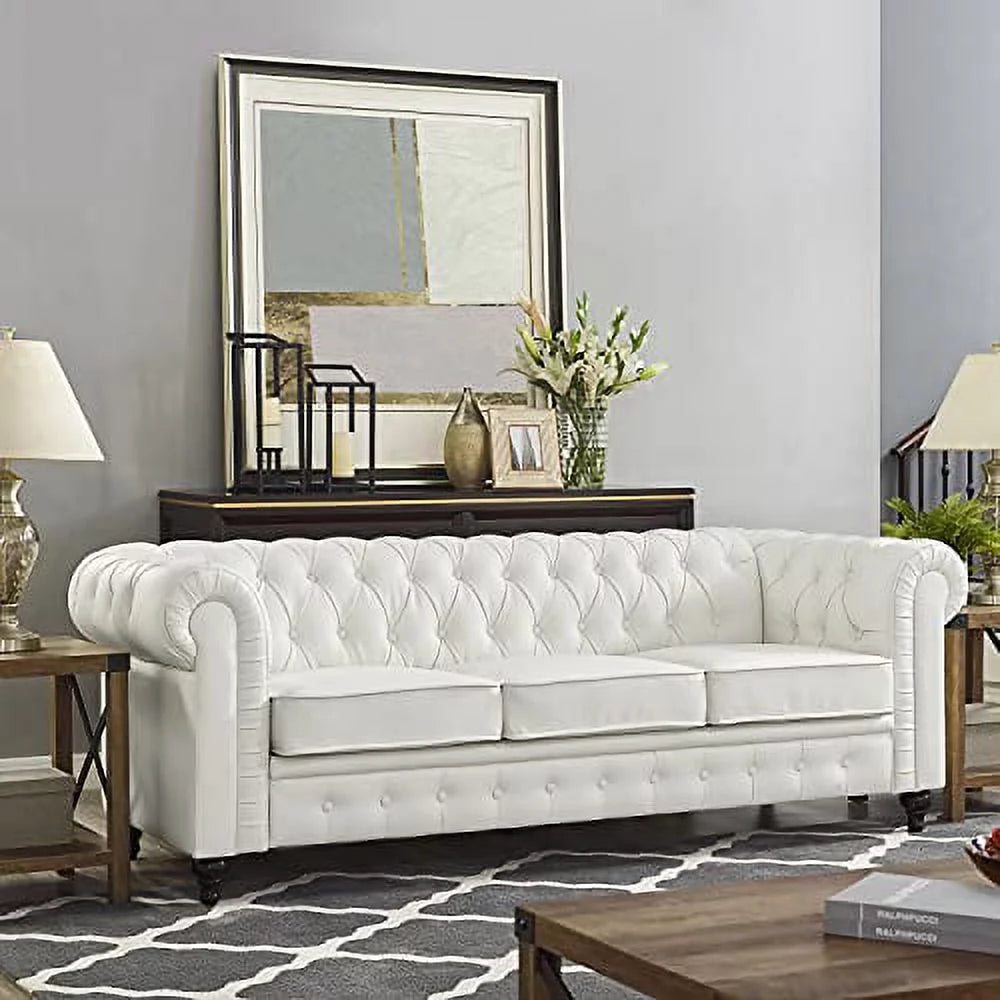 2 Piece Living Room Set, Faux Leather Chesterfield Sofa & Chair, Deep Button Tufted with Rolled Arms, Home Furniture