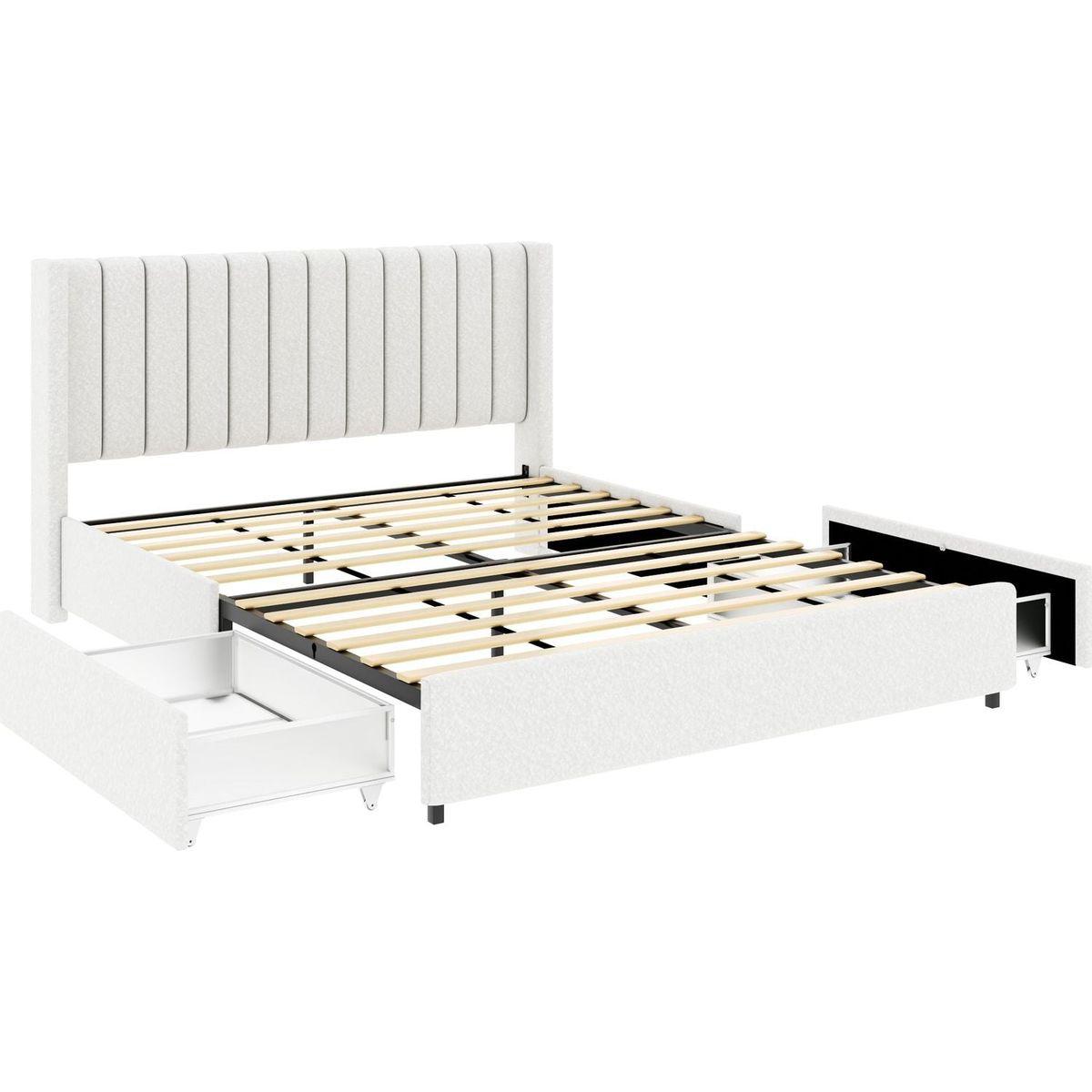 Anda Patented 2-Drawers Storage Bed Queen Size Ivory Boucle Upholstered Platform Bed, Tufted Headboard, Wooden Slat Mattress Support, No Box Spring Needed