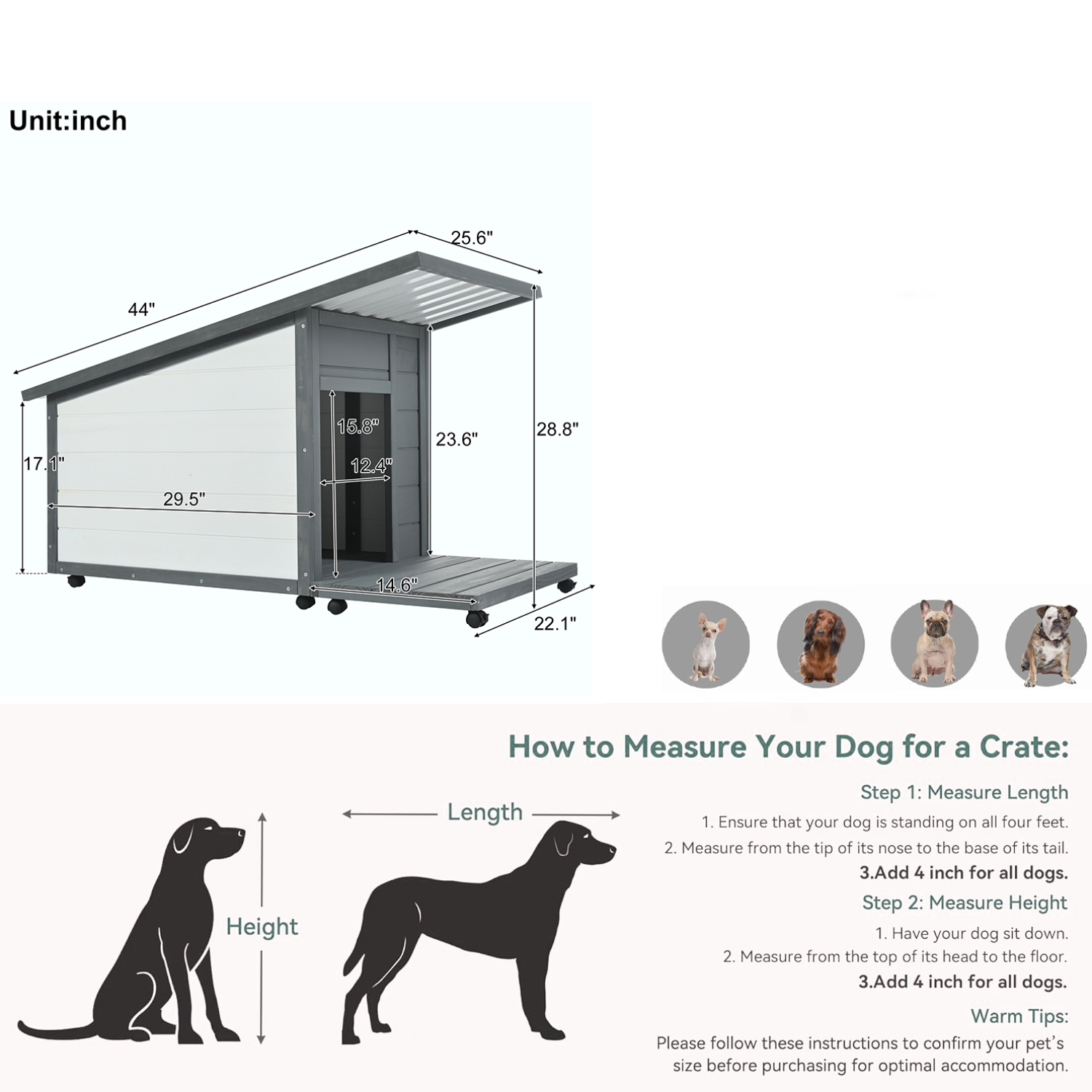 Modern Design Outdoor Dog House with Food Bowl and Wheels, Grey Pine, 44.1 x 22.1 x 28.8 inches