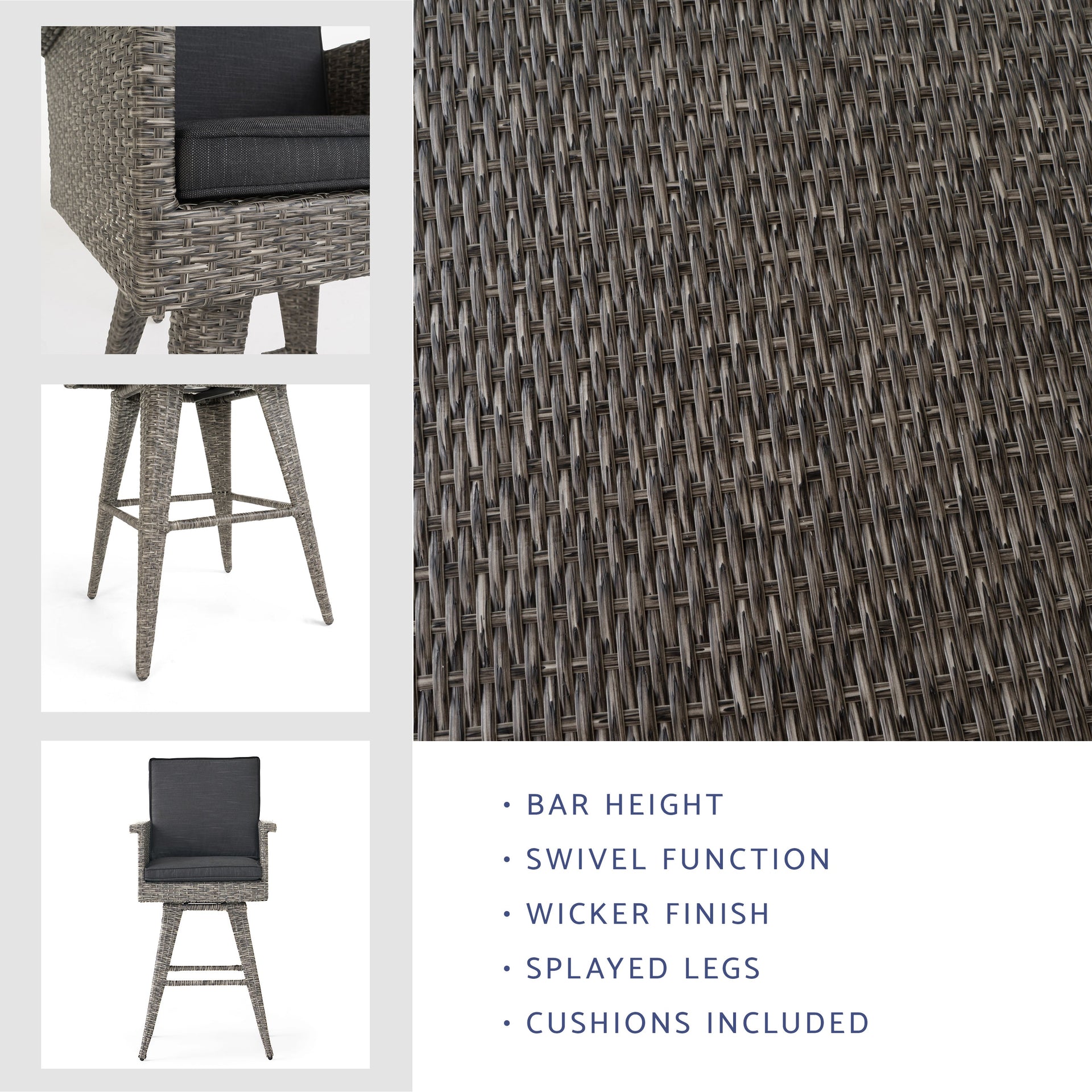 30' Outdoor PE Rattan Swivel Barstool with Water Resistant Cushion, Mixed Black Wicker, Dark Grey Cushion