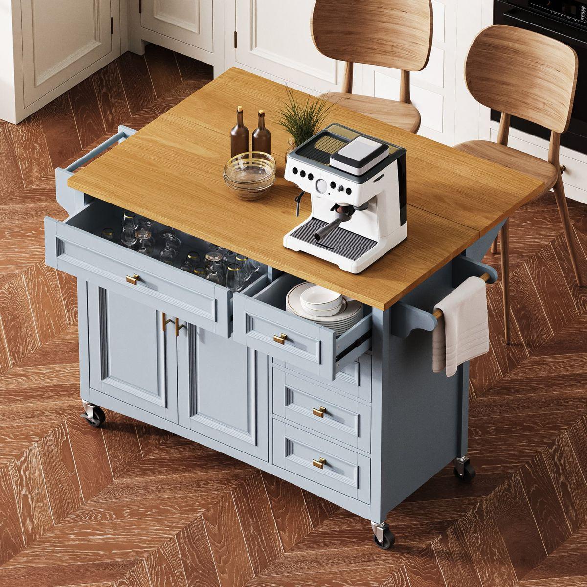 K&K 52'' Kitchen Island with Drop Leaf, Embossed Texture Kitchen Island on Wheels with Spice Rack, Towel Rack, 2 Doors and 5 Drawers, Kitchen Storage Cart with Adjustable Shelf for Kitchen, Blue Grey