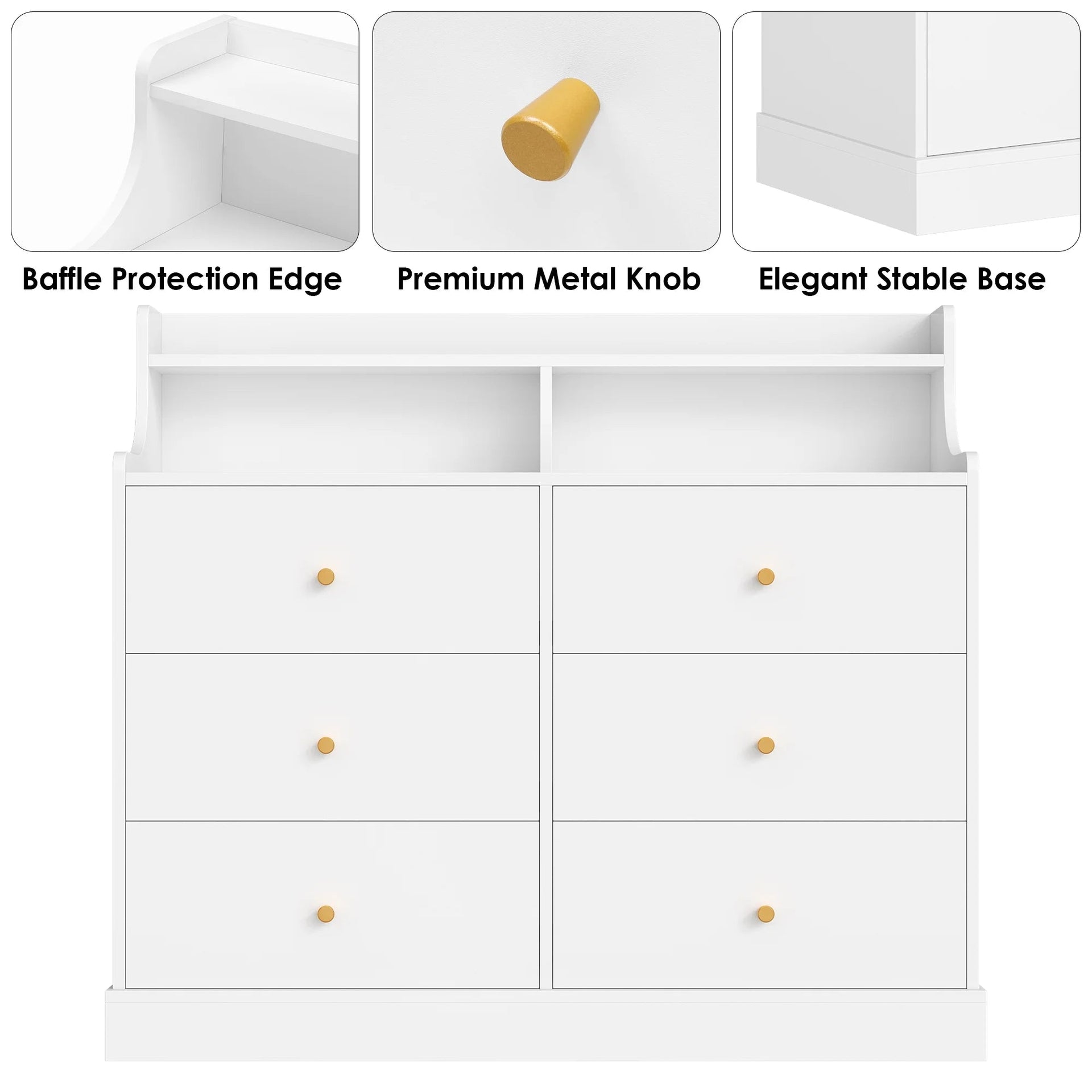 6 Drawer Double White Dresser with Hutch, Modern Wood Dresser Storage Cabinet for Bedroom Living Room