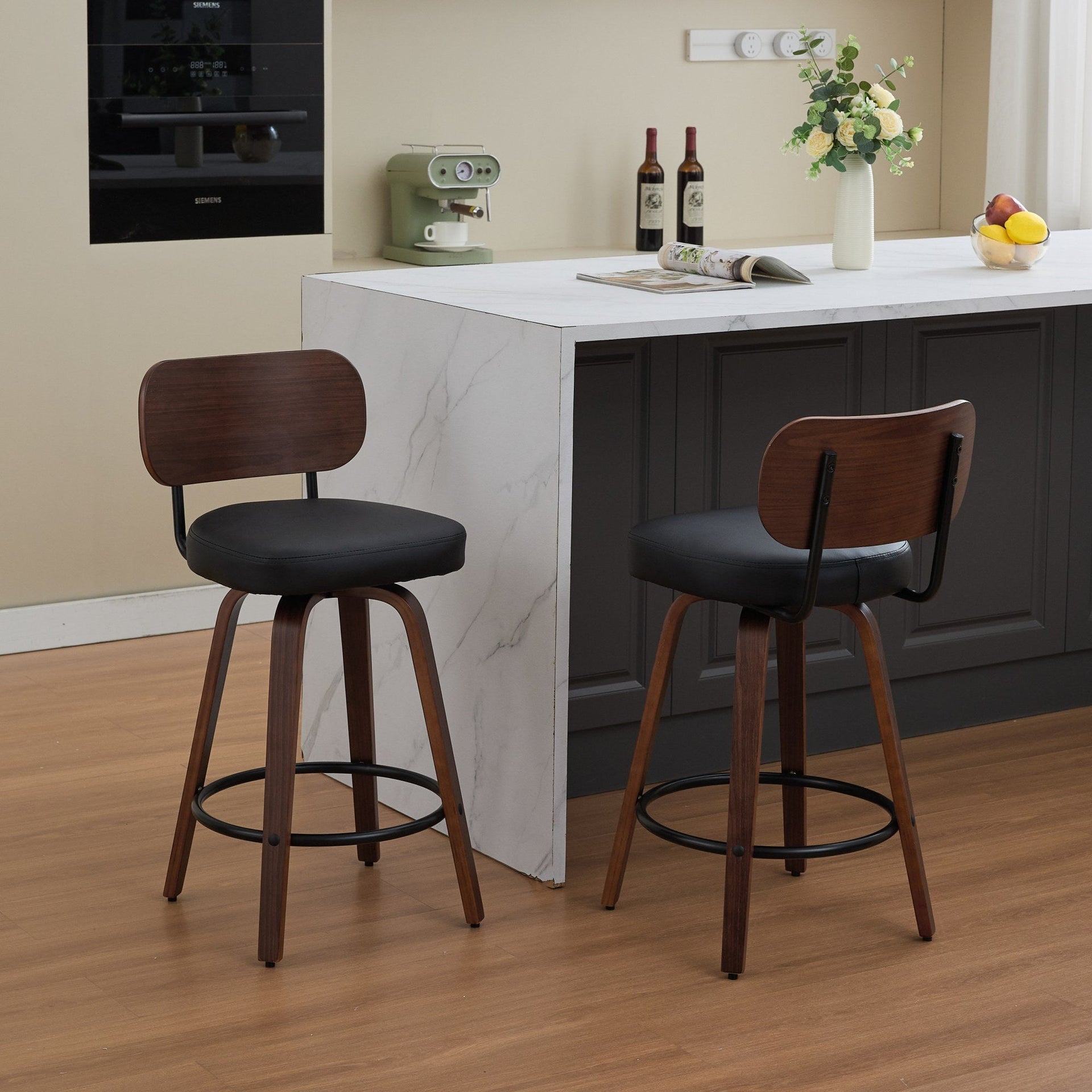 Swivel Bar Stools Set of 2, 26' Upholstered Faux Leather Counter Height Barstools with Walnut Back & Bentwood Legs, Mid Century Modern Bar Chairs Island Stools for Kitchen Counter, Black PU, SW1864BK