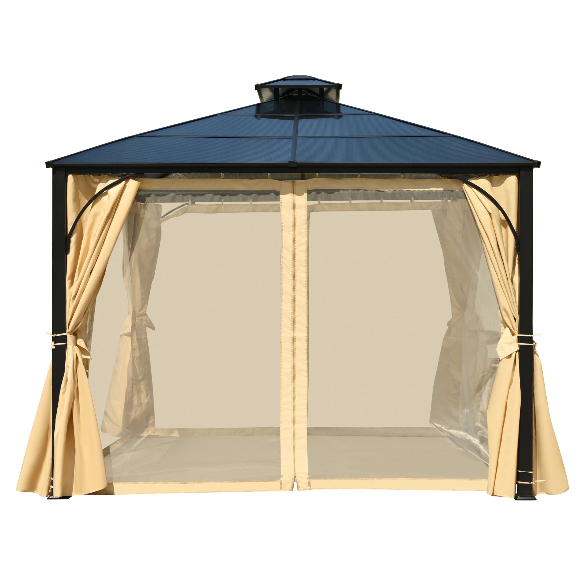 TREXM 10'x12' Hardtop Outdoor Gazebo, Heavy Duty Double Roof Patio Gazebo with Aluminum Frame, Double-Layer Side Walls Mosquito Netting & Privacy Curtains for Patio, Garden, Backyard (Beige)