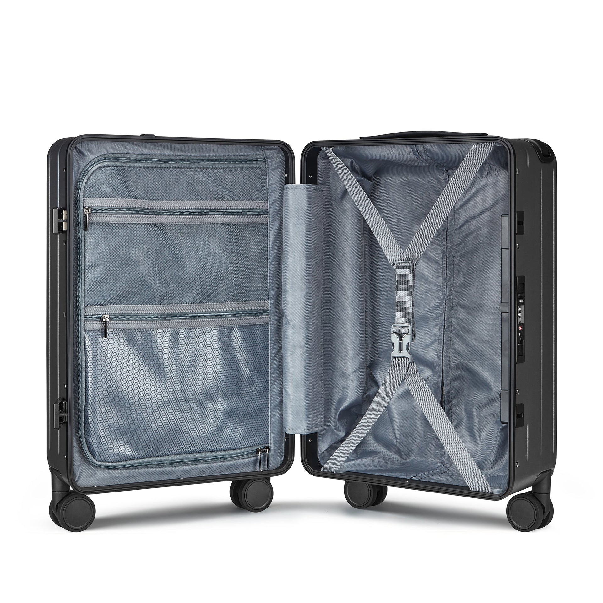 Aluminum Frame 20 Inch with Front Open Carry-on Luggage, PC Hard Shell Suitcase, Bounce Wide Handle Pull Rod Luggage with 360°Double Wheels, Built-In TSA Lock, Airline Approved Suitcase for Business