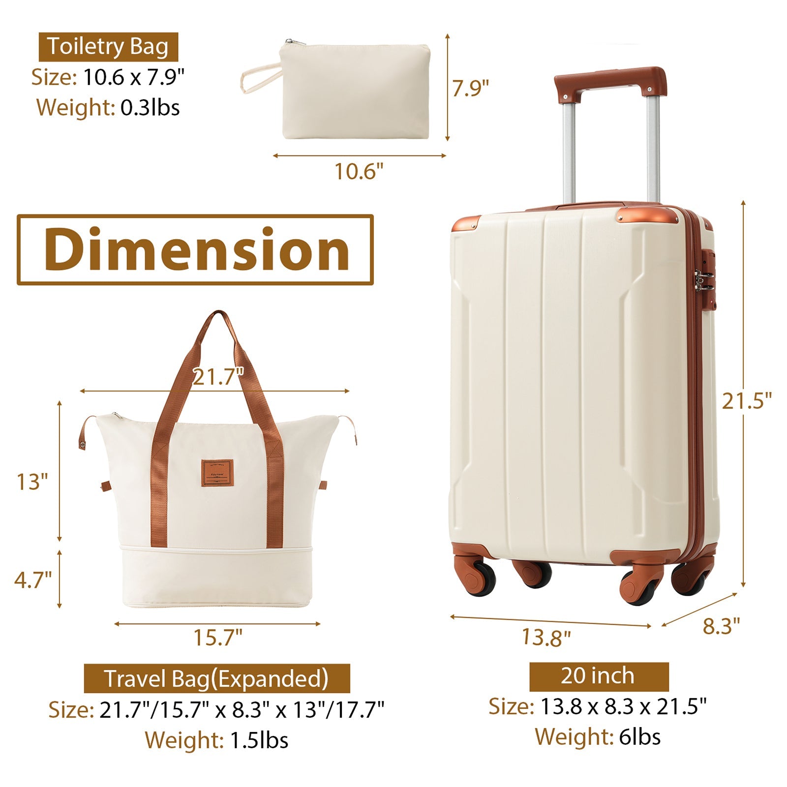 Hardshell Luggage Sets 3 Piece Carry-on Suitcases with Wheels, TSA Lock for Men Women, White Brown (20in)