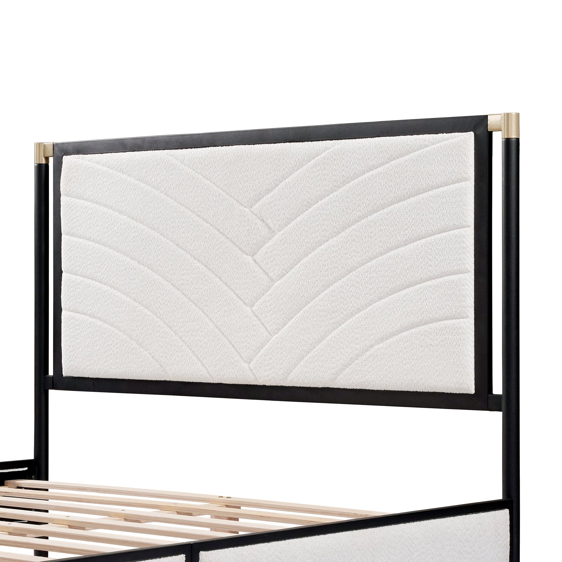 Queen Bed with White Boucle fabric Headboard,Champagne Silver+Black Frame