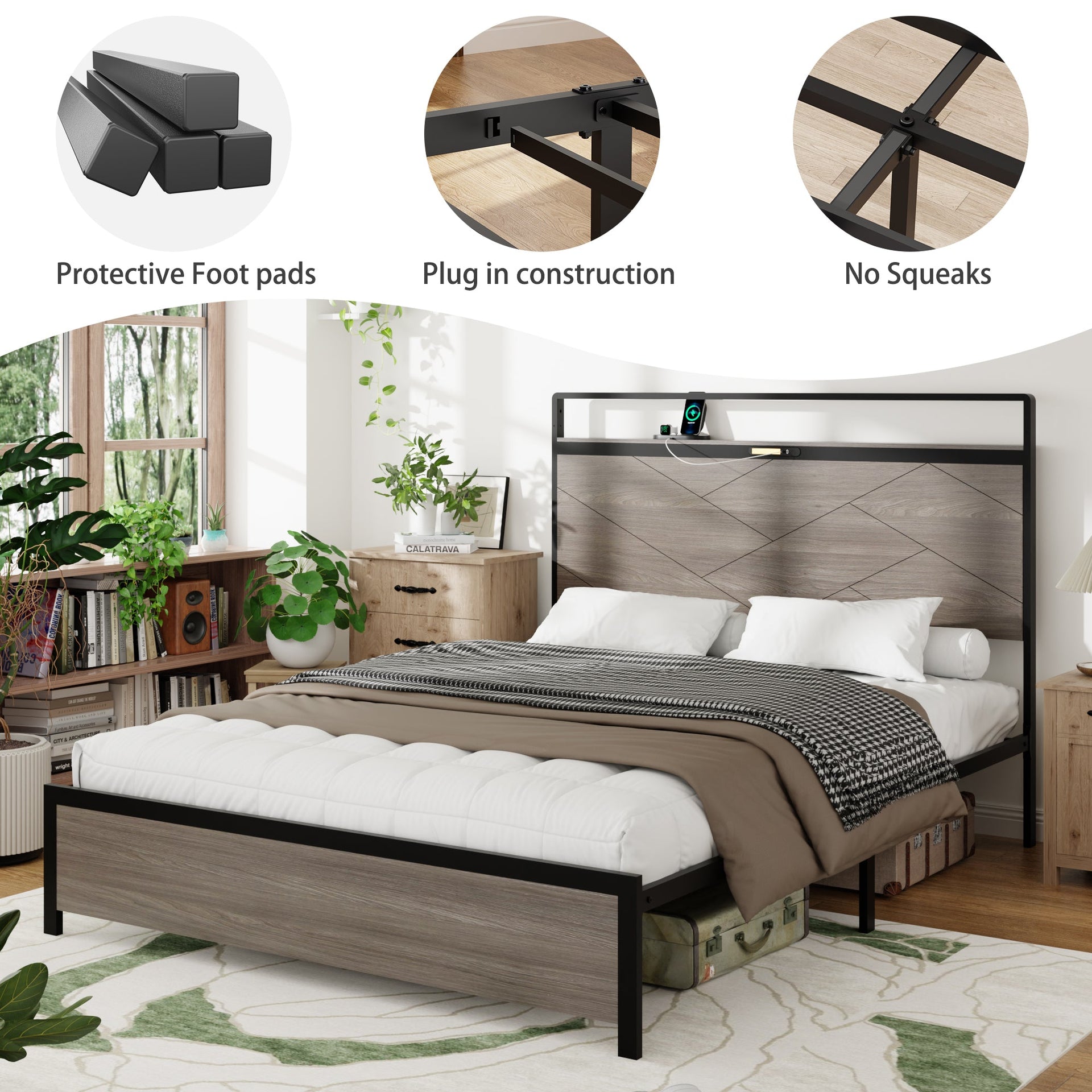 Bed frame queen size, wooden platform bed frame with storage LED light headboard and 2 USB, no noise, no spring mattress required and simple assembly tools, large underbed storage,Antique Grey