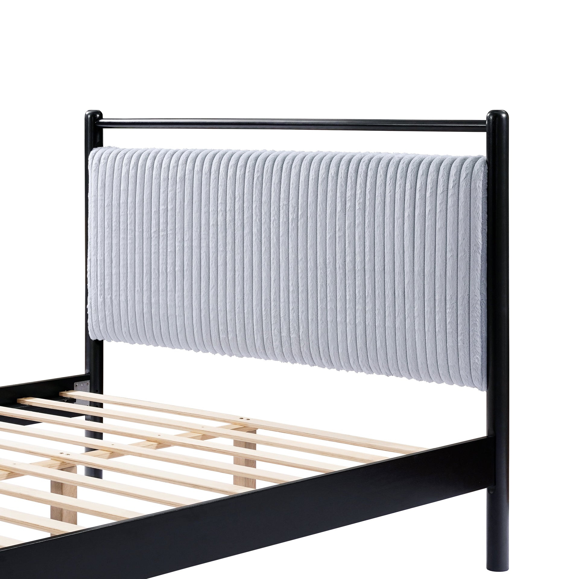 Full size Wood Bed Frame with Fluffy Soft Headboard,Grey+Black Frame