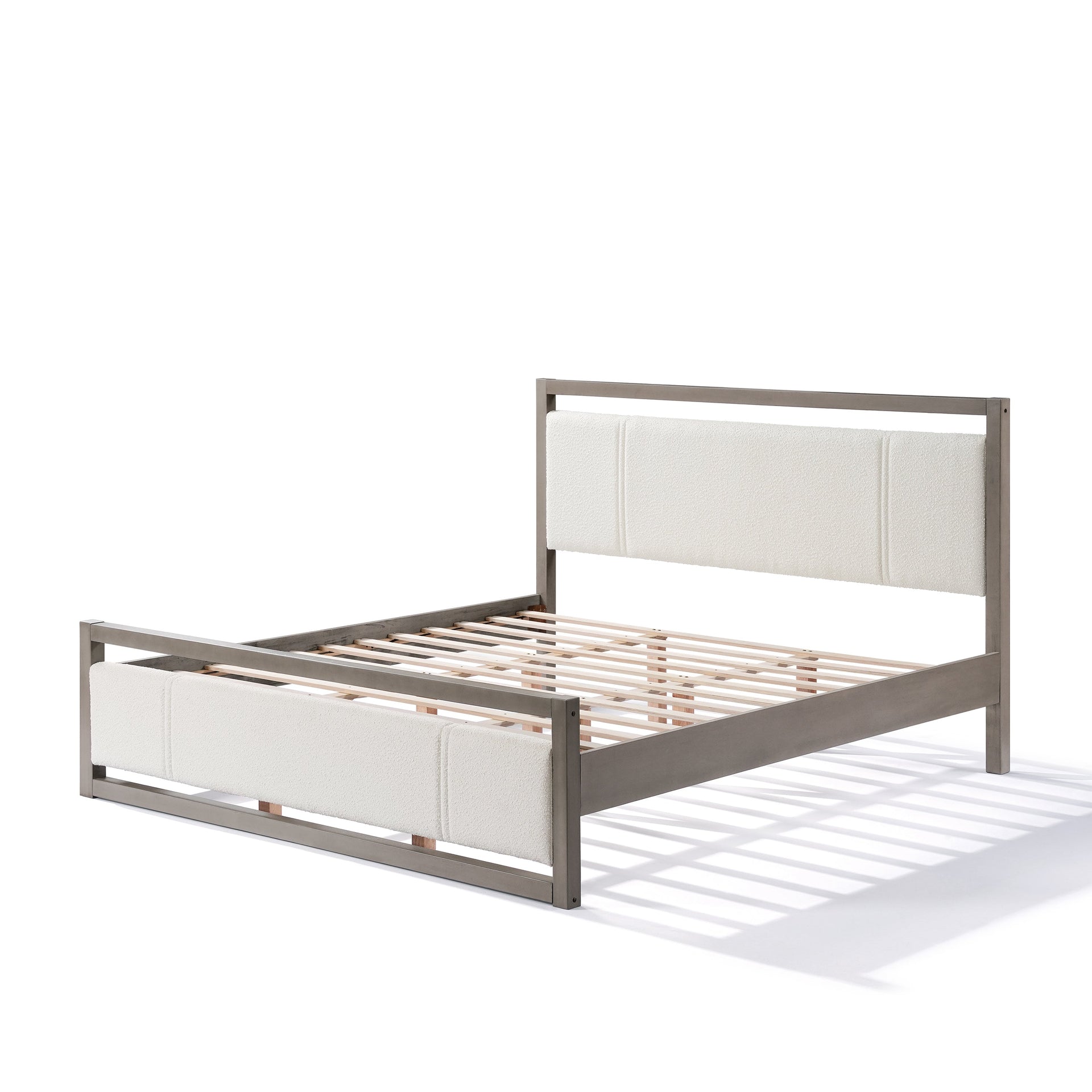 King Bed with Ivory Boucle fabric Headboard, Wood Frame