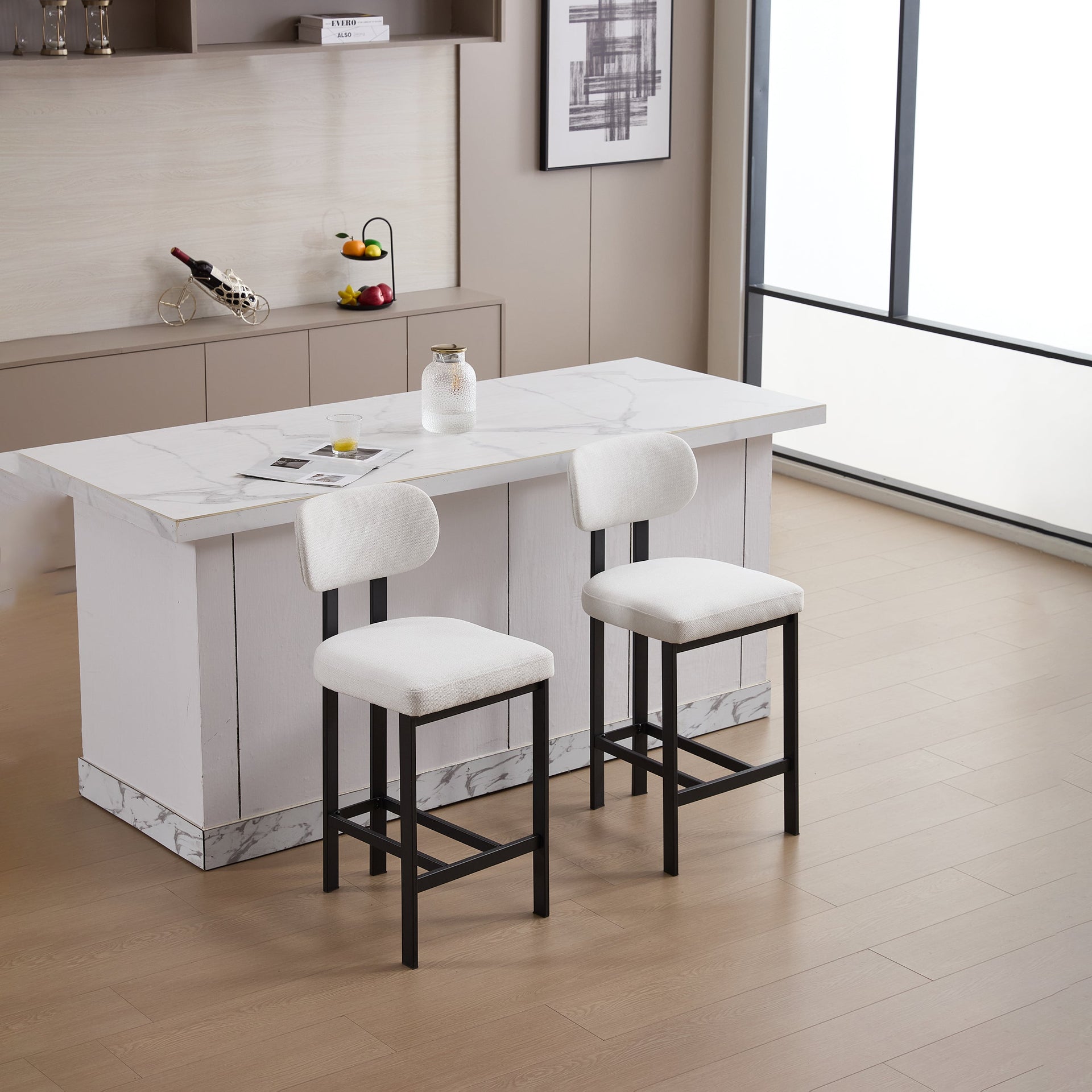 Bar Stools Set of 2, 26 inch Modern Upholstered Fabric Counter Height Barstools, Kitchen Island Chairs with Black Metal Legs for Dining Room/Kitchen Island/Bar