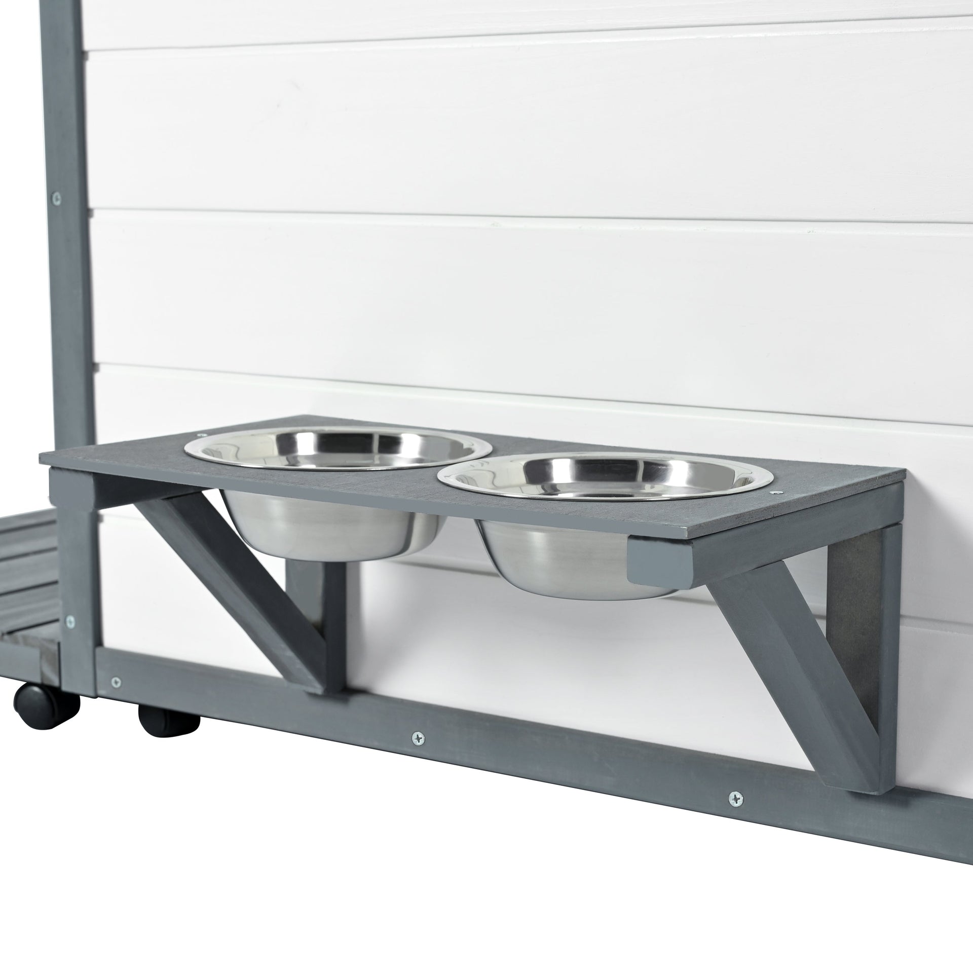 Modern Design Outdoor Dog House with Food Bowl and Wheels, Grey Pine, 44.1 x 22.1 x 28.8 inches