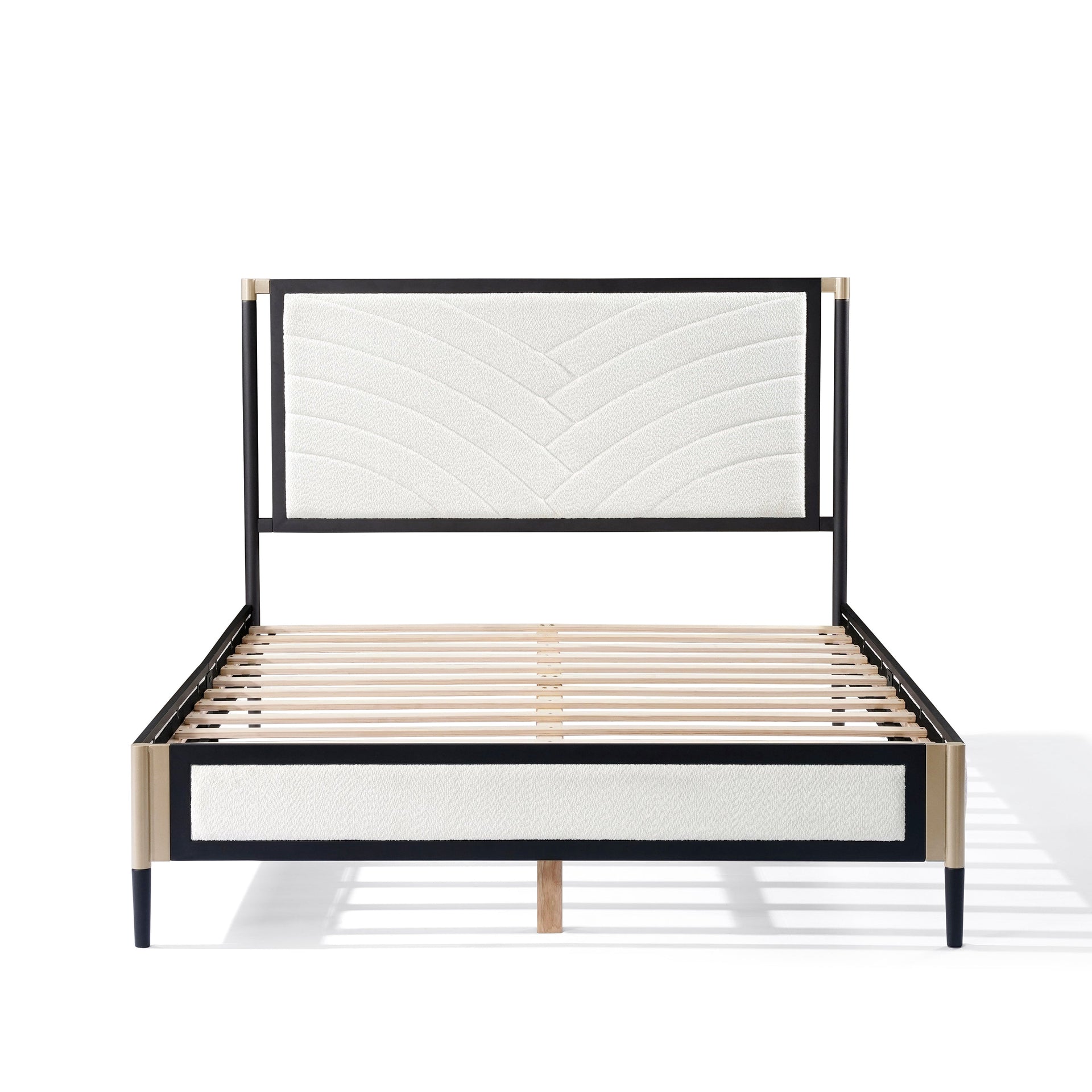 Queen Bed with White Boucle fabric Headboard,Champagne Silver+Black Frame