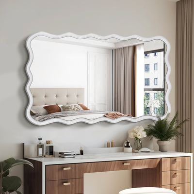 Solid Wood Wavy Rectangle Mirror-Natural-Wood 40' x 28' Modern Mirror Wall Decor for Bathroom, Bedroom, Living Room, Dining Room, Cloakroom, Entryway