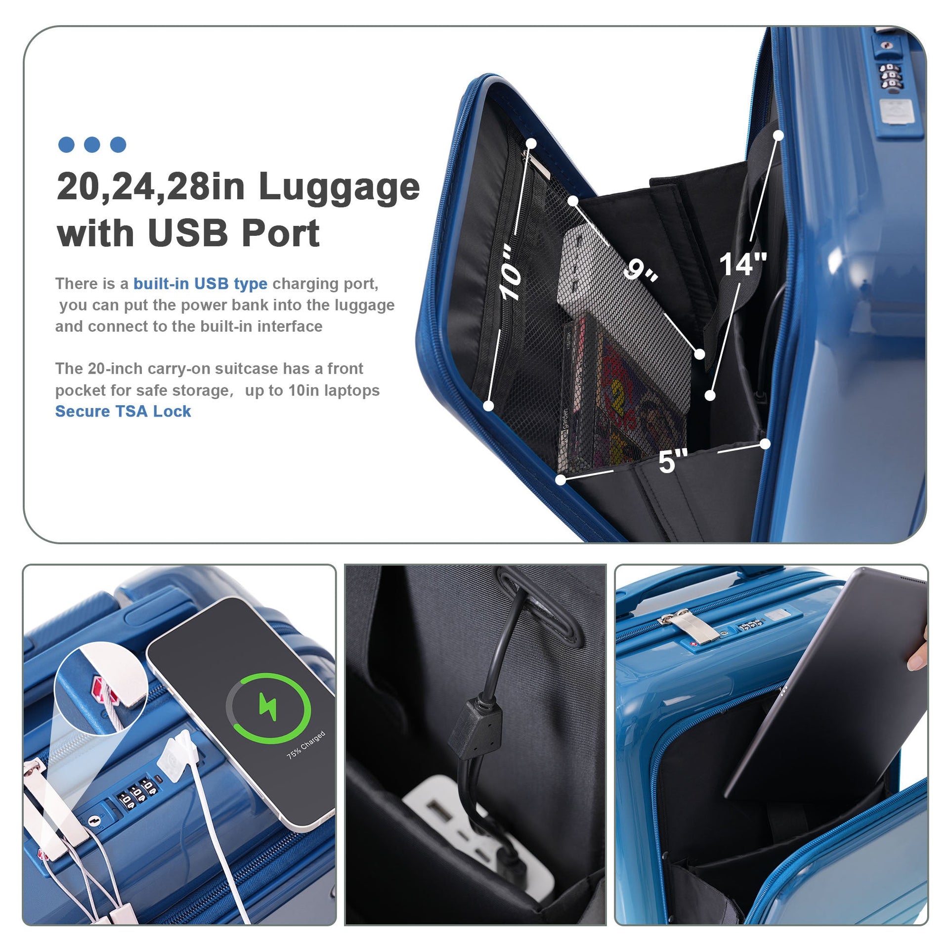 Luggage Set of 4 with USB Port, 20, 24inch with front opening design Airline Certified Carry on Luggage with Cup Holder, ABS+PC Hard Shell Luggage with Expandable Travel Bag, blue