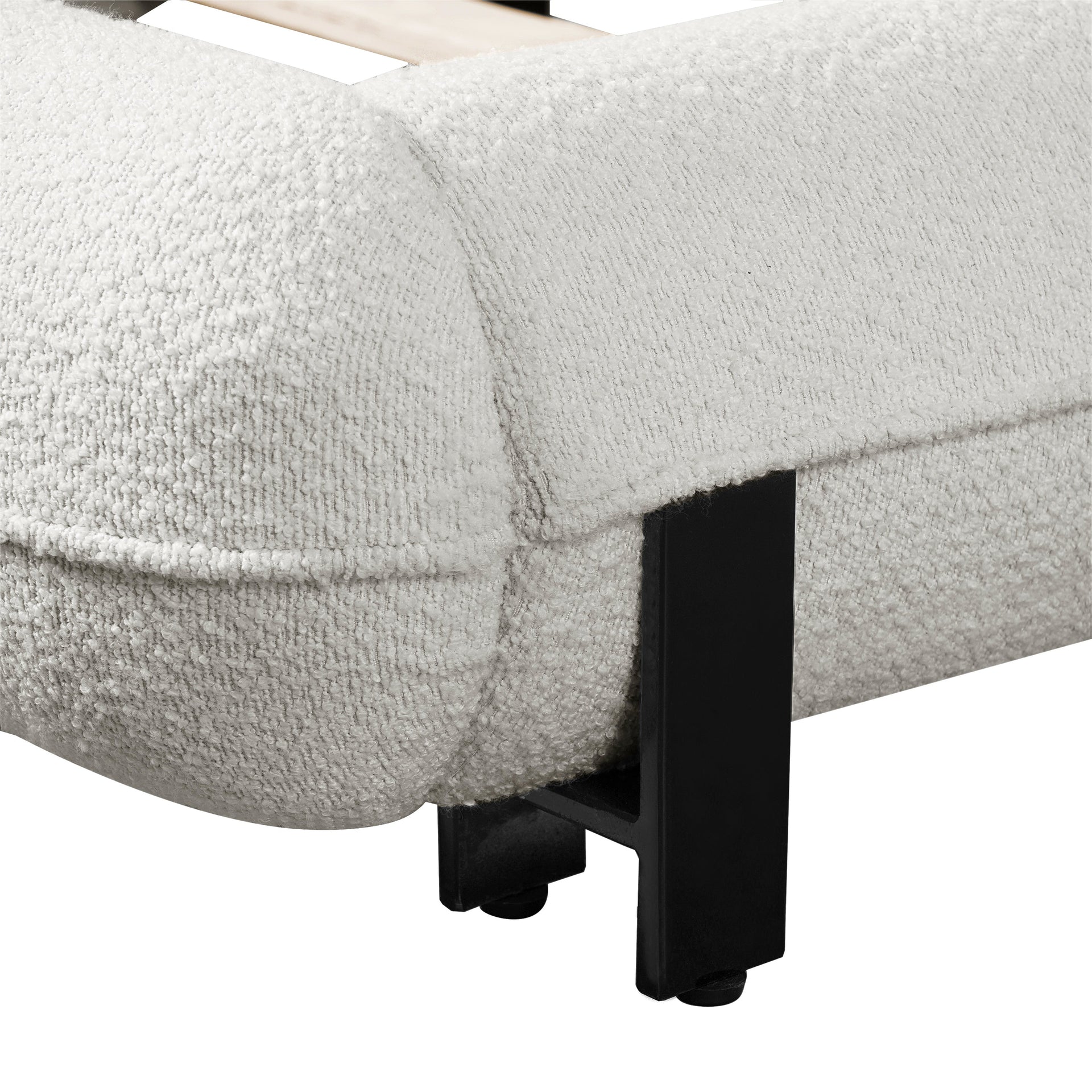 King Size Bed Frame with Boucle Fabric, Upholstered Platform Bed with Curve-Shaped Design & Thick Headboard, White