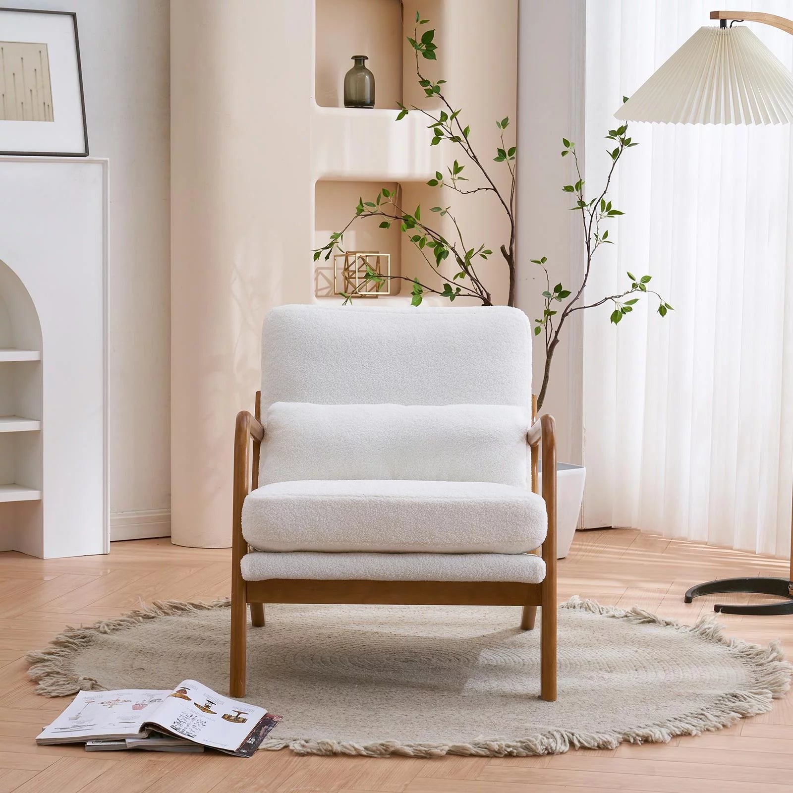 Modern Wood Club Chair Teddy Velvet Fabric Upholstered Reading Accent Chair with Solid Wood Frame Beige