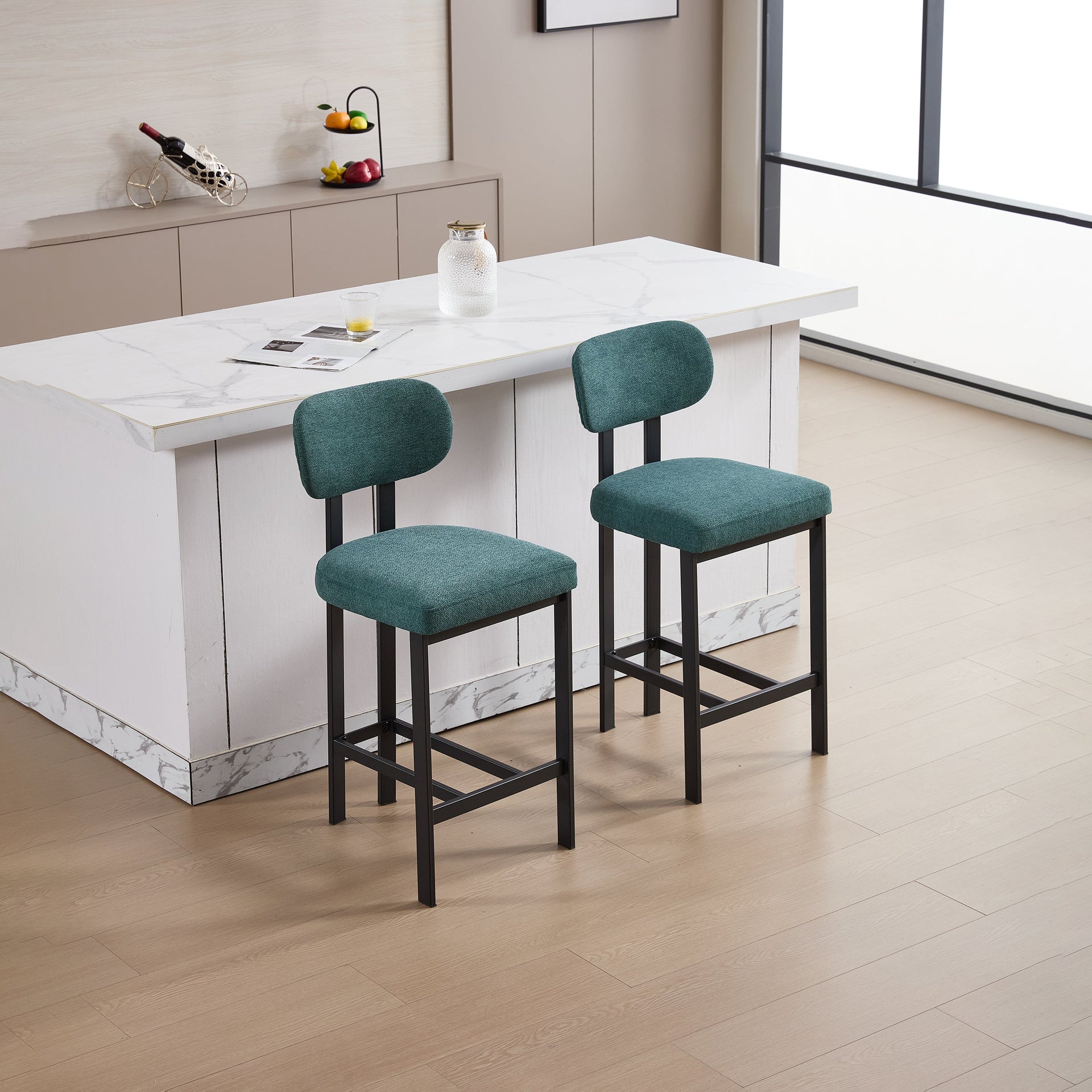 Bar Stools Set of 2, 26 inch Modern Upholstered Fabric Counter Height Barstools, Kitchen Island Chairs with Black Metal Legs for Dining Room/Kitchen Island/Bar