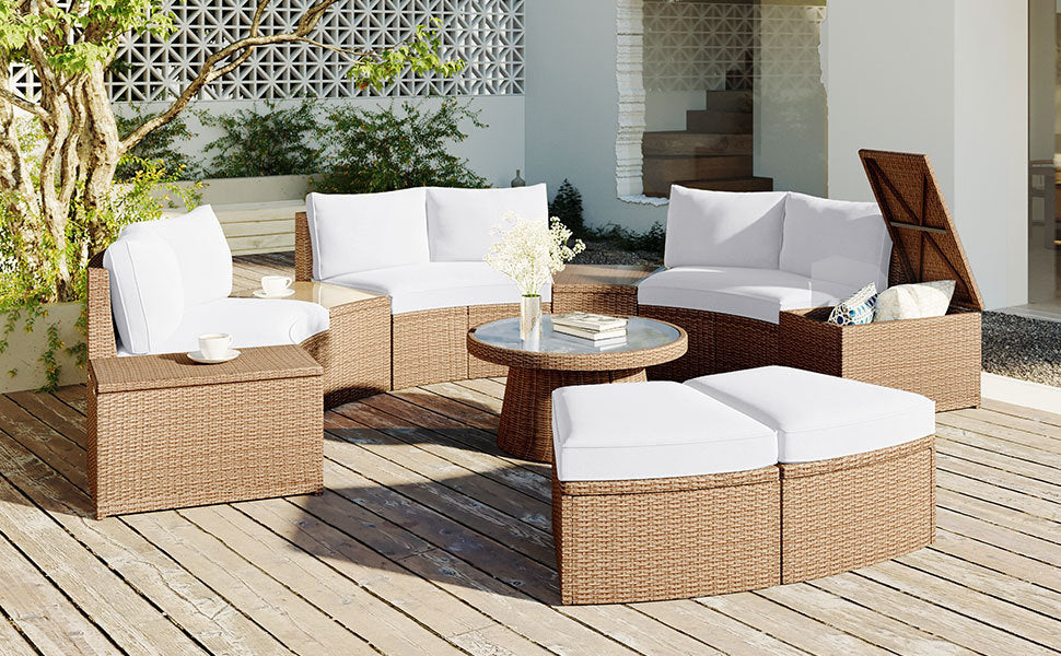 10-Piece Outdoor Sectional Half Round Patio Rattan Sofa Set, PE Wicker Conversation Furniture Set for Free Combination, White